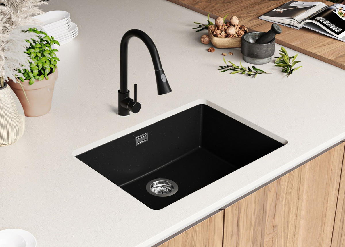 UNTERBAUSPÜLE GRANIT London, 2-er set Schwarz Metallic 66/47 cm 1 Becken + Ablauf-Set ab 70er Unterschrank - Chromfarben/Schwarz Hochglanz, Kunststoff (66/20/47cm) - Primagran