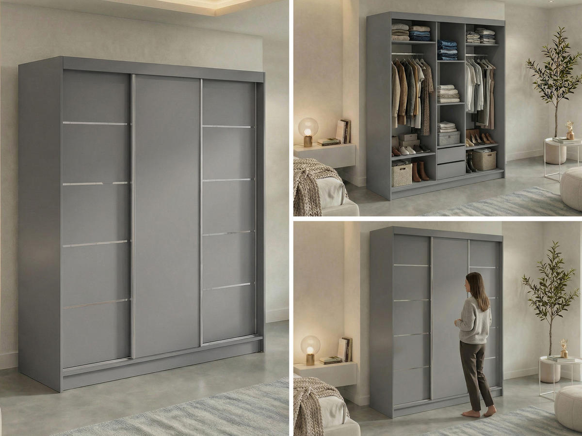 SCHWEBETÜRENSCHRANK mit Schubladen 180 - MACEDONIA - Grau - Alufarben/Grau, Holzwerkstoff/Metall (180/216/61cm) - MKS