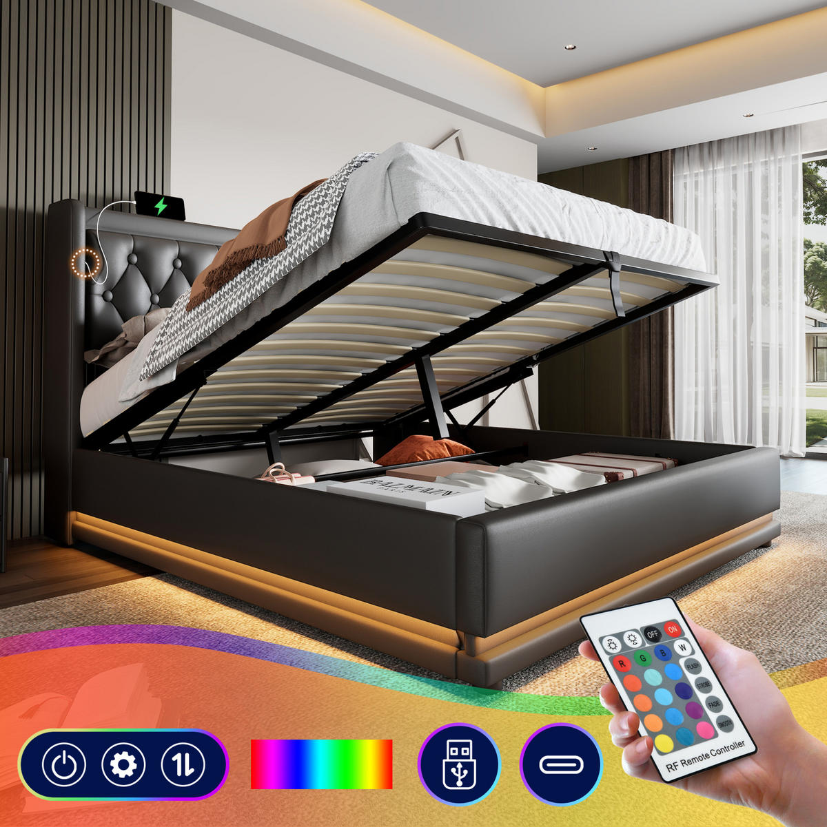POLSTERBETT 180/200 cm Schwarz aus PU mit LED, USB und Typ-C - Schwarz, Kunststoff (180/200cm) - OKMYHOME