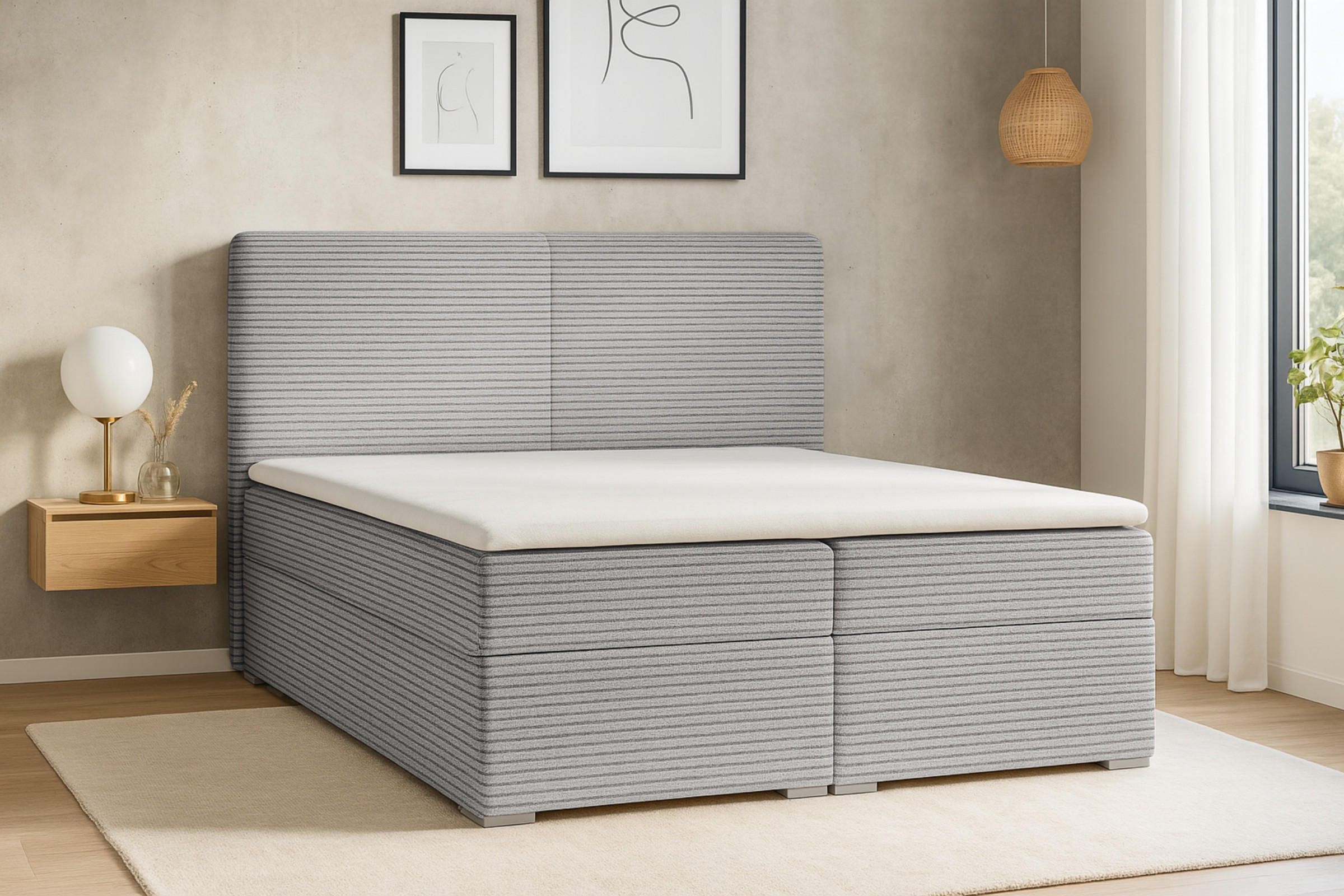 BOXBETT LOFT III 200/200 Cord Hellgrau mitTaschen-Federkernmatratzen 7 Zonen H4 - Hellgrau, Holz/Holzwerkstoff (200/200cm) - Deine Möbel 24