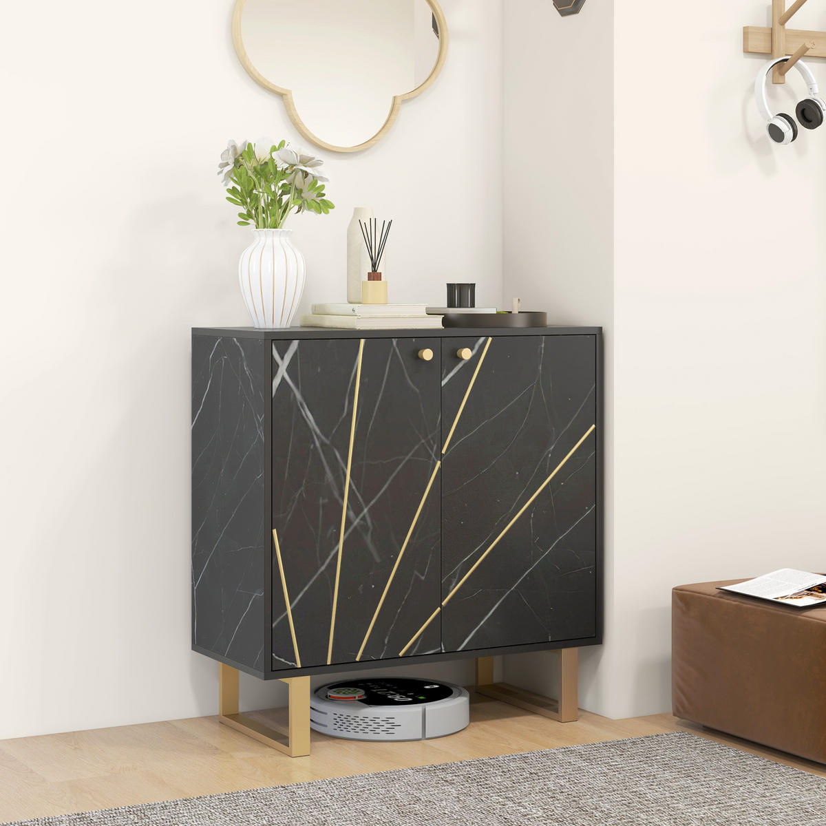 SIDEBOARD Schwarz Marmor-Optik, 2 Türen, 76/35/77 cm - Schwarz, Holz (76/77/35cm) - PANGIVO