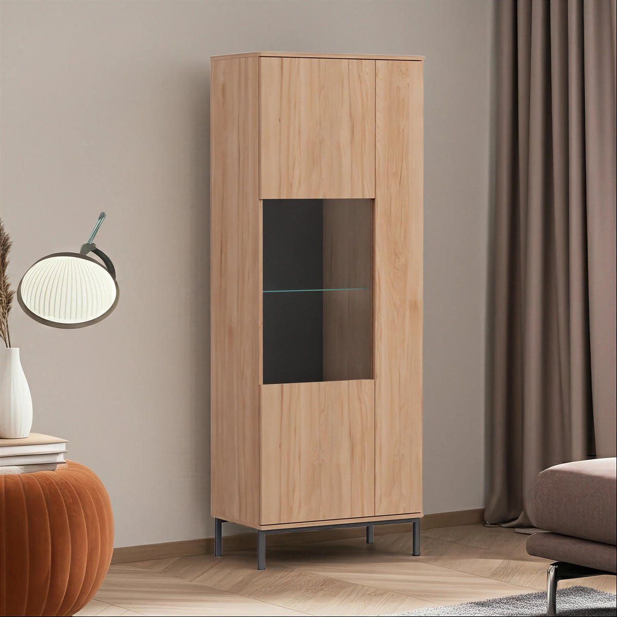 VITRINE Dallas 70/41/190 Hikora - Eichefarben/Schwarz, Glas/Holzwerkstoff (70/190/41cm) - Ravio