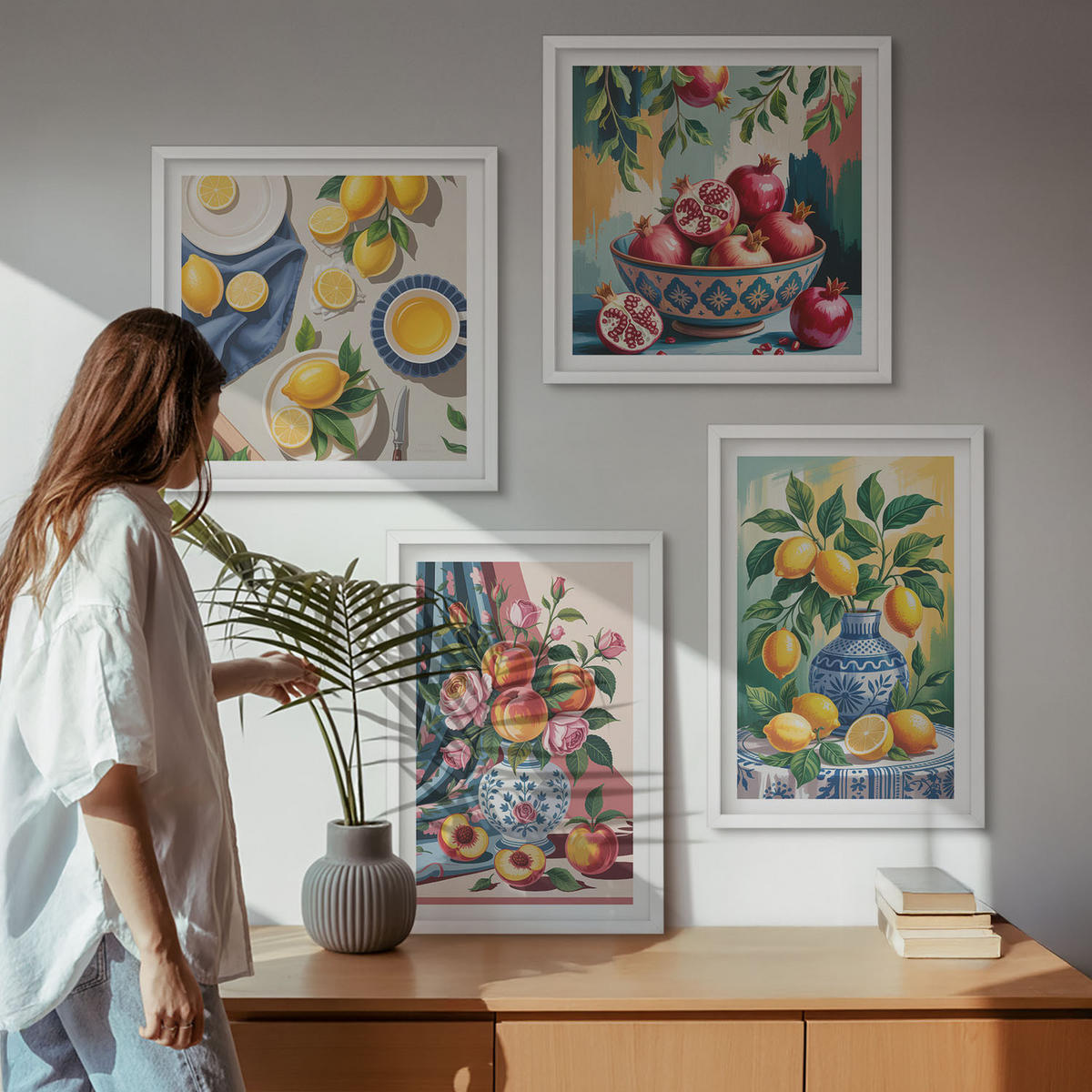 BILDER SET 4er Set - 50x50 cm & 40x60 cm Weißer Rahmen - Blumen und Früchte in Vasen - Weiß, Kunststoff (50/50cm) - TULUP