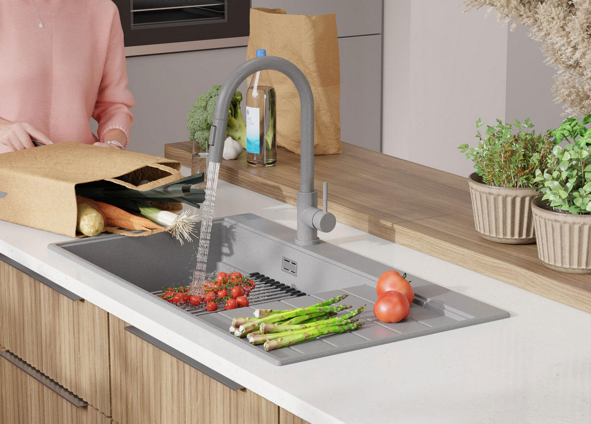 GRANITSPÜLE Sydney, 2-er set Grau 90/50 cm 1 Becken + Küchenarmatur 40/20 cm + Ablauf-Set + Küchenzubehörset ab 60er Unterschrank - Chromfarben/Beige, Kunststoff (90/20/50cm) - Primagran