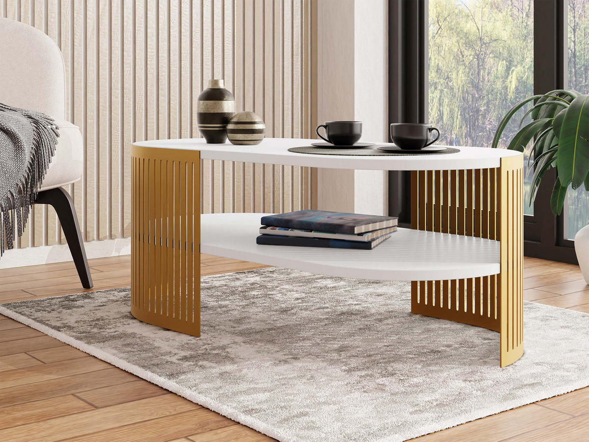 COUCHSITCH Fikoli Oval Gold II - Goldfarben/Weiß, Holzwerkstoff/Metall (100/50/40cm) - MIRJAN24