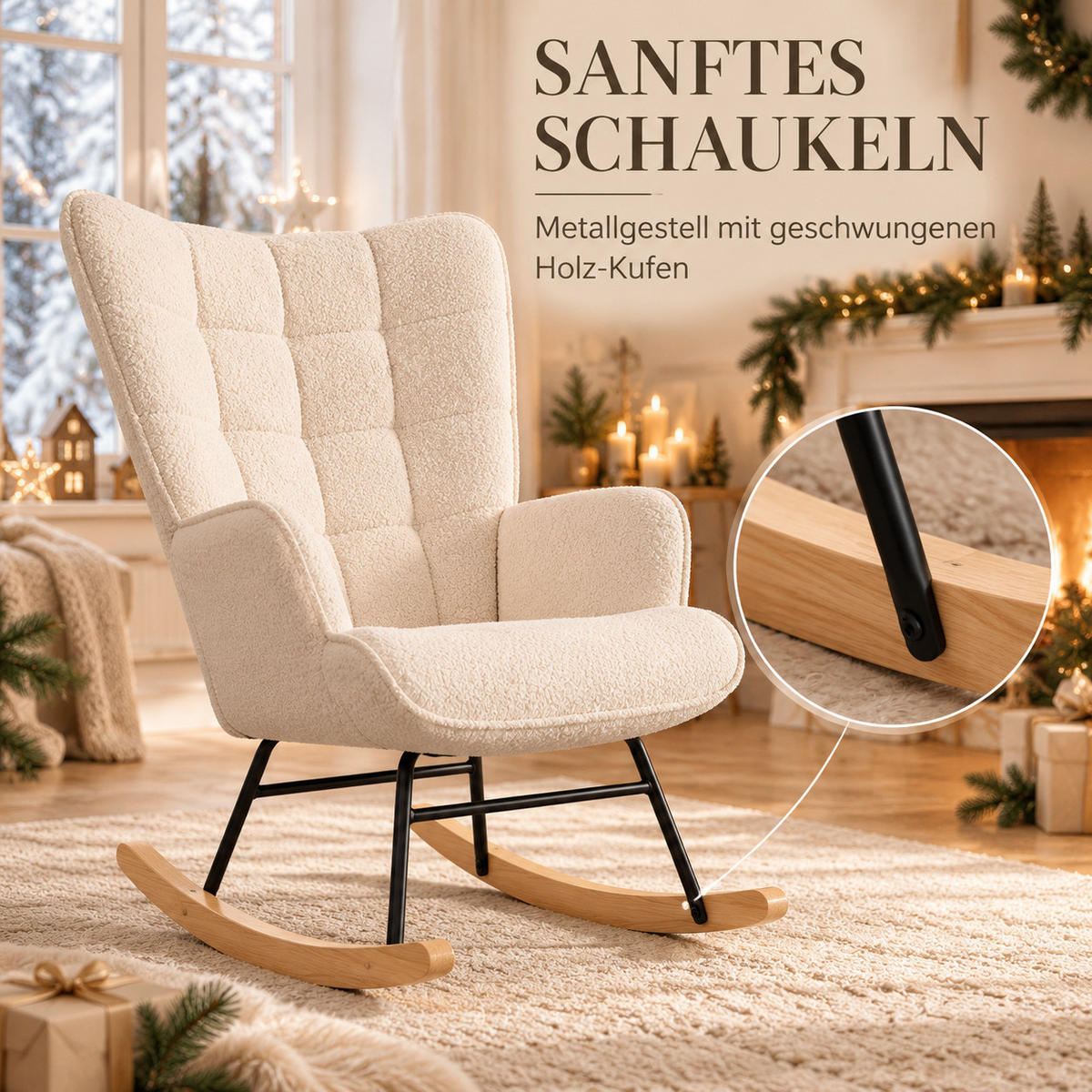SCHAUKELSTUHL Teddy, gepolstert, cremeweiß - Beige, Holz (68/92/75cm) - Joyfair