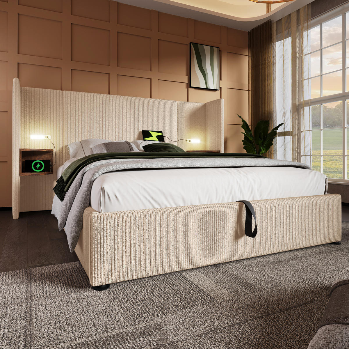 POLSTERBETT 180/200 cm Beige-Weiß mit Stauraum, Leselicht und USB- und Type-C-Anschlüssen - Beige, Textil (180/200cm) - Flora Grace