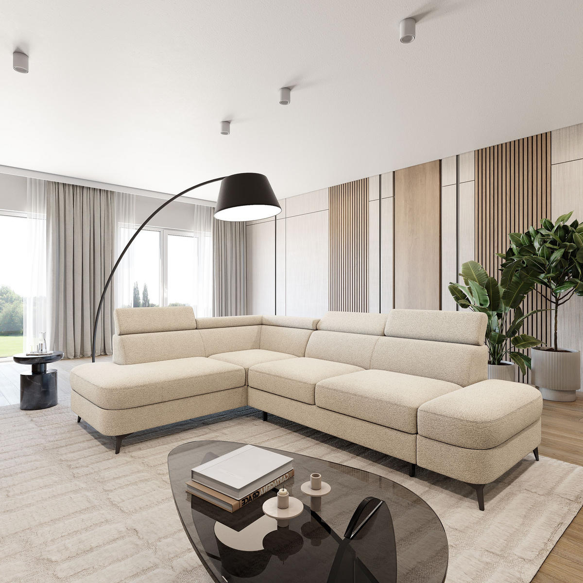 ECKSOFA AVISE Q L-S Creme Boucle-Stoff mit Schlaffunktion - Creme, Holzwerkstoff/Textil (268/195cm) - MASSENO