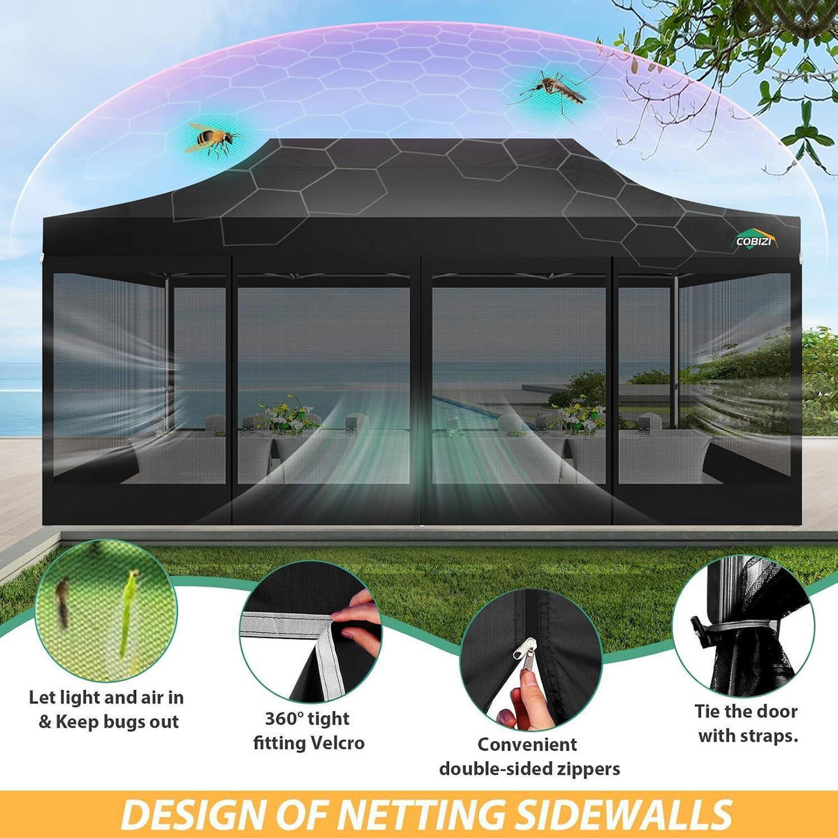 FALTPAVILLON 3x6 m mit Netzseitenwänden Schwarz - Schwarz, Textil (300/355/600cm)