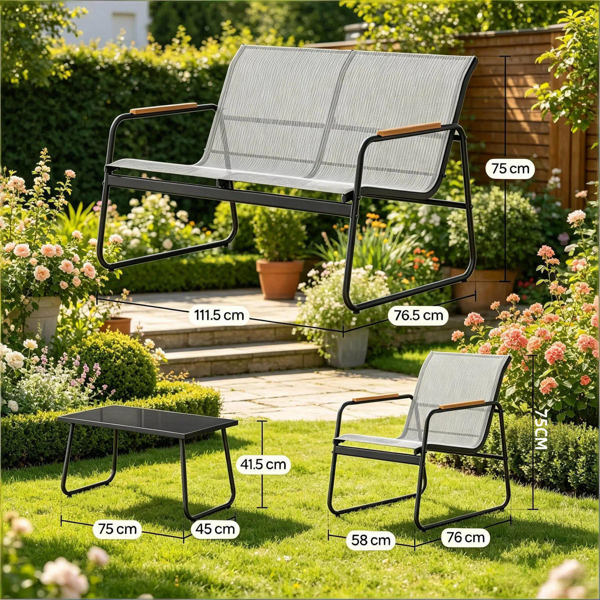 GARTENMÖBEL-SET Grau 4-teilig mit Glastisch & Armlehnen in Holz-Optik - Grau, Metall - PANGIVO