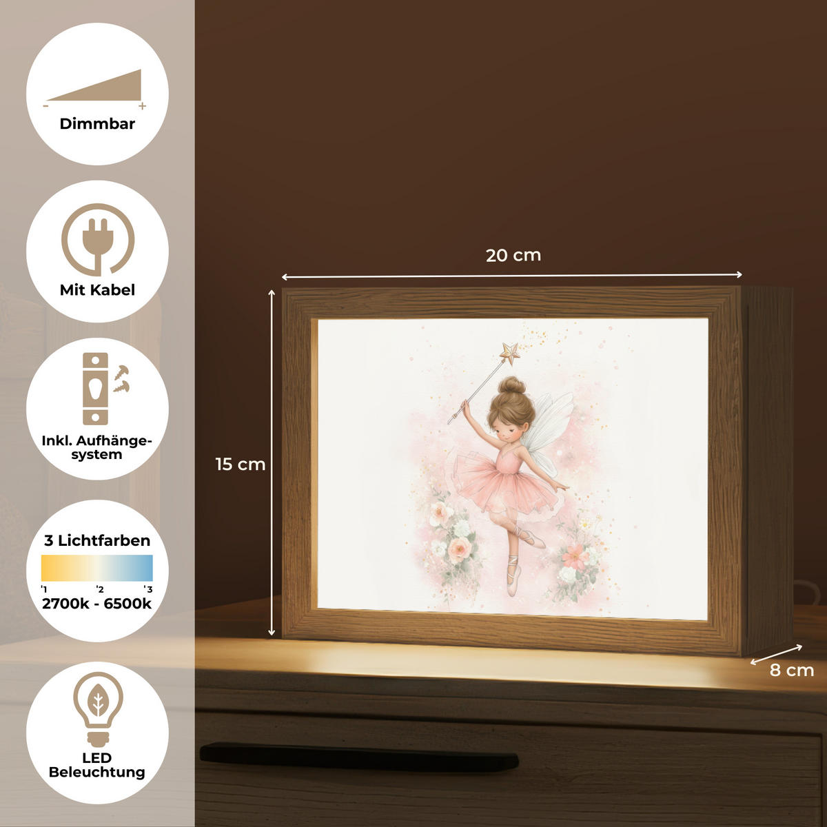 NACHTTISCHLAMPE Ballerina - Fee - Blumen - Rosa 20x15 cm - Rosa, Holzwerkstoff (8/20/15cm)