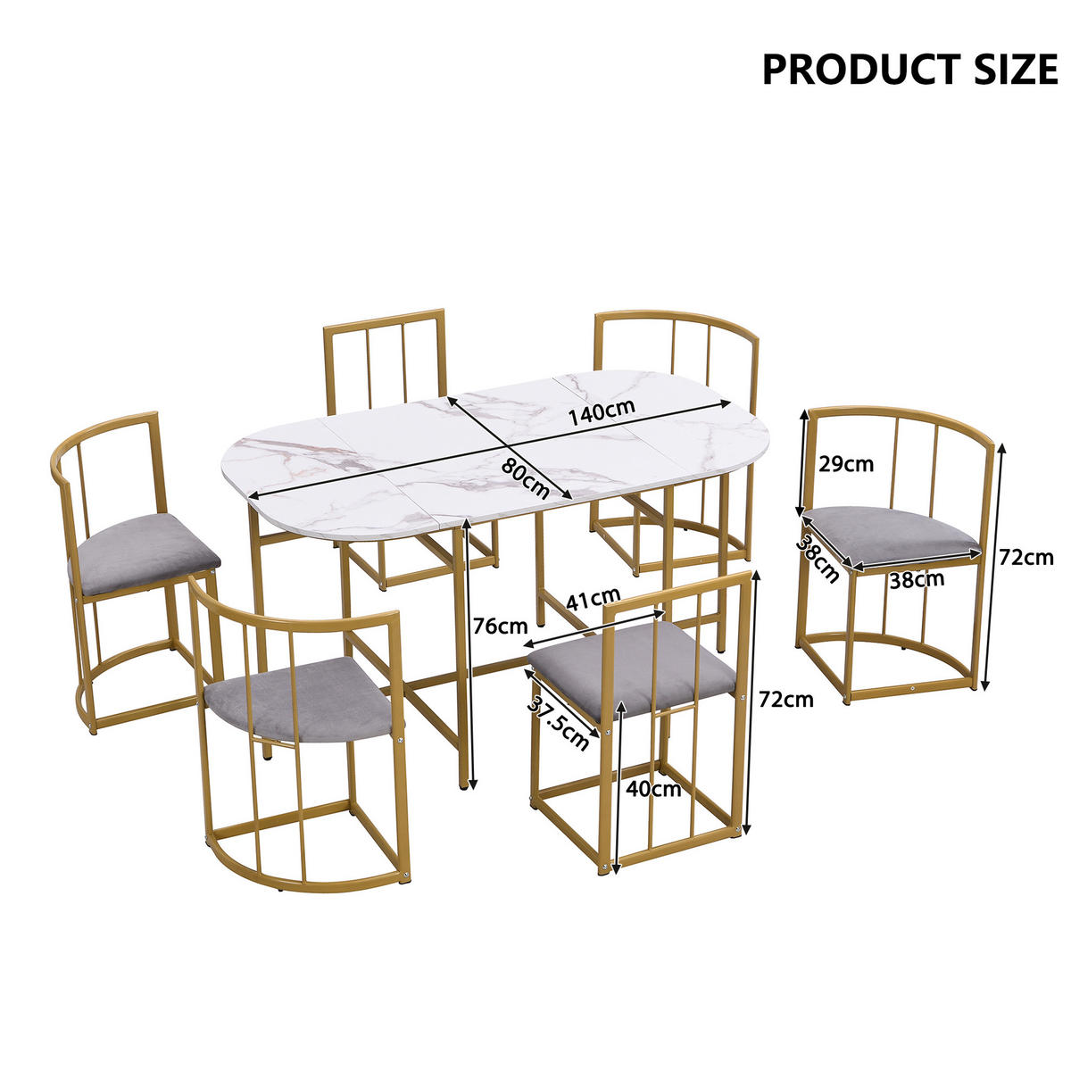 TISCHGRUPPE für 6 Personen mit Polsterstühlen in Weiß und Gold - Weiß, Holzwerkstoff (140/76/80cm) - BEAOK