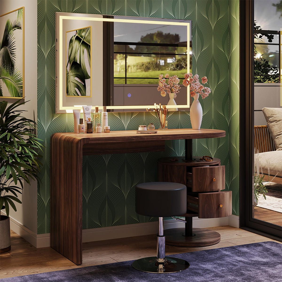SCHMINKTISCH Lara Eiche rustikal 120 cm mit LED-Spiegel und Hocker - Wildeiche, Holzwerkstoff (120/76/50cm) - Vicco
