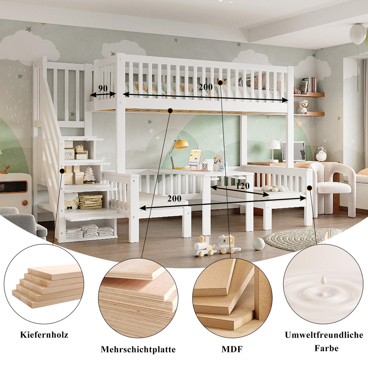 ETAGENBETT 90/200 cm & 120/200 cm in Weiß mit Stauraumtreppe, Tisch und Sicherheitsgeländer - Weiß, Holz/Holzwerkstoff (90/200cm) - CHICFURN
