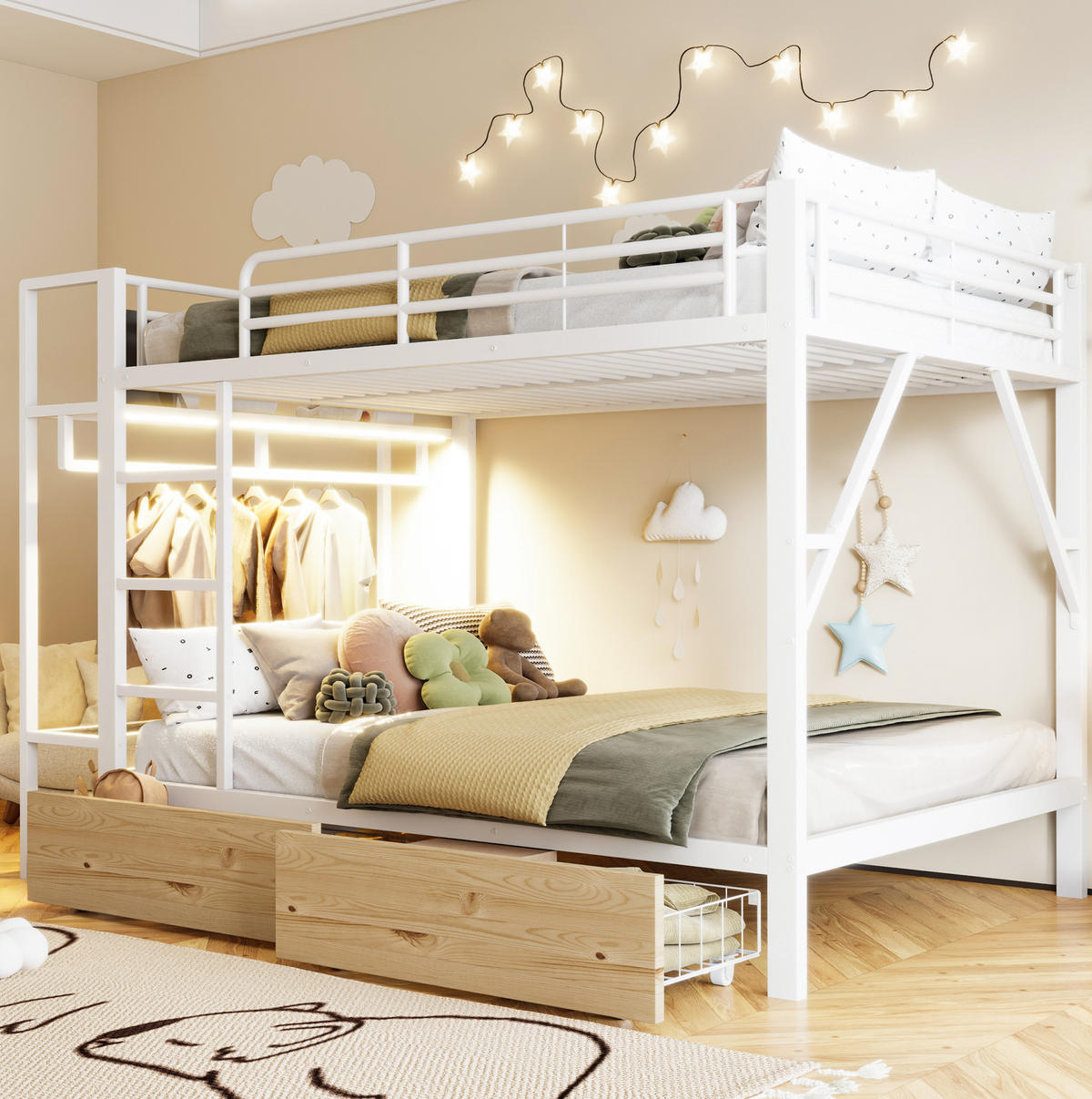 ETAGENBETT 140/200 cm aus Metall mit LED-Lichtleiste, Weiß - Weiß, Metall (140/200cm) - OKMYHOME