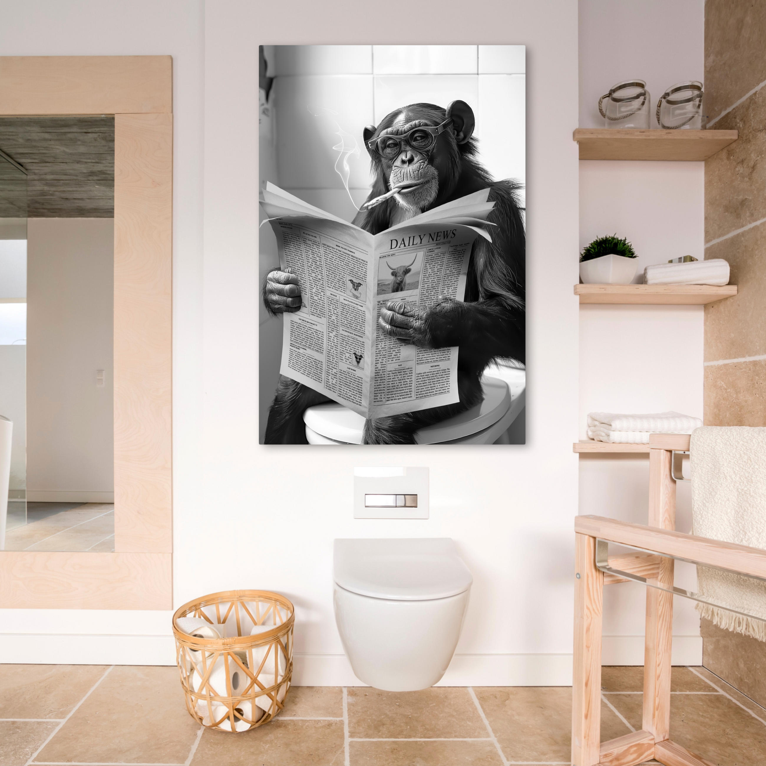 LEINWANDBILD Affe - WC - Zeitung - Schwarz-Weiß - Humor 80x120 cm - Hellgrau, Textil (80/120cm) - MuchoWow