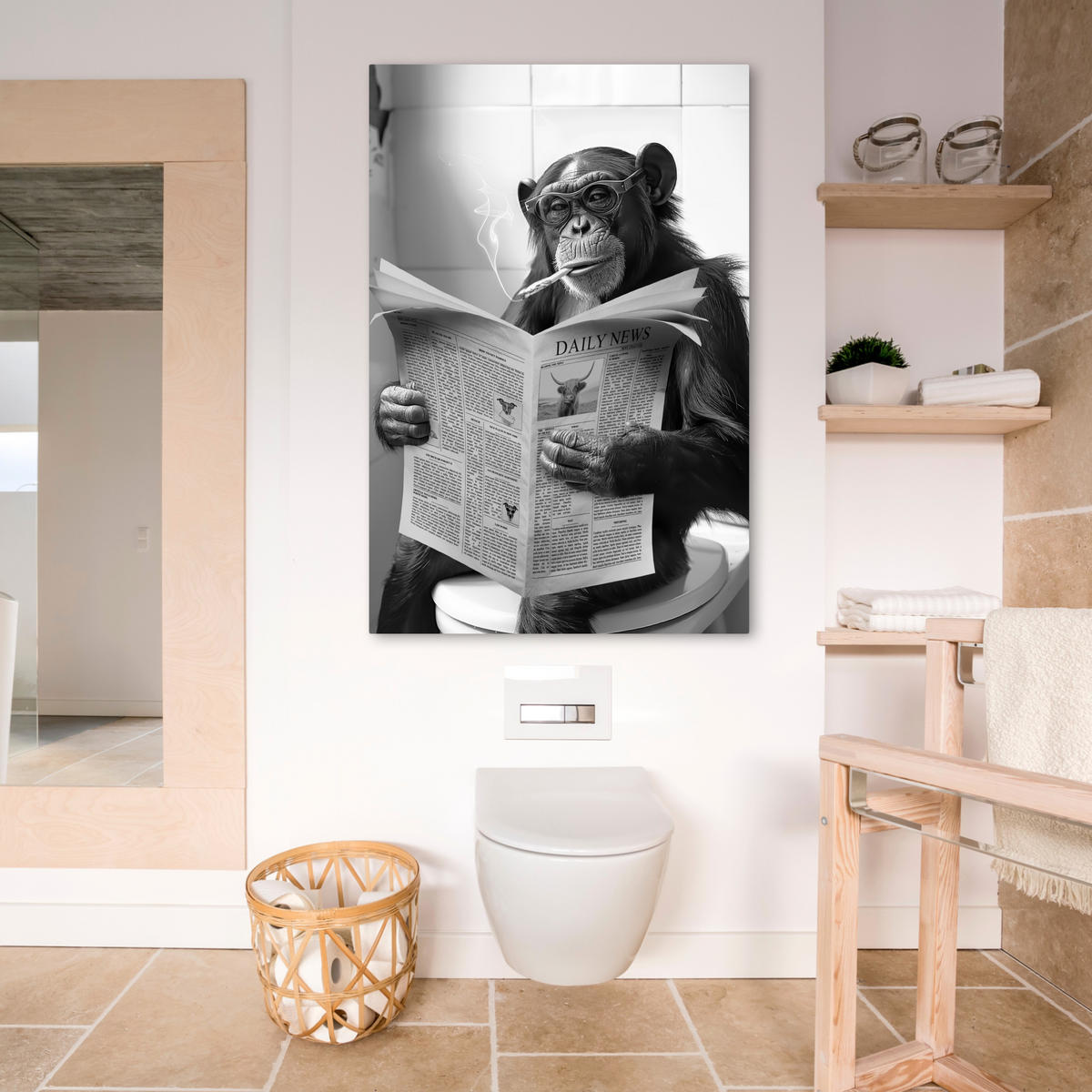 LEINWANDBILD Affe - WC - Zeitung - Schwarz-Weiß - Humor 80x120 cm - Hellgrau, Textil (80/120cm) - MuchoWow
