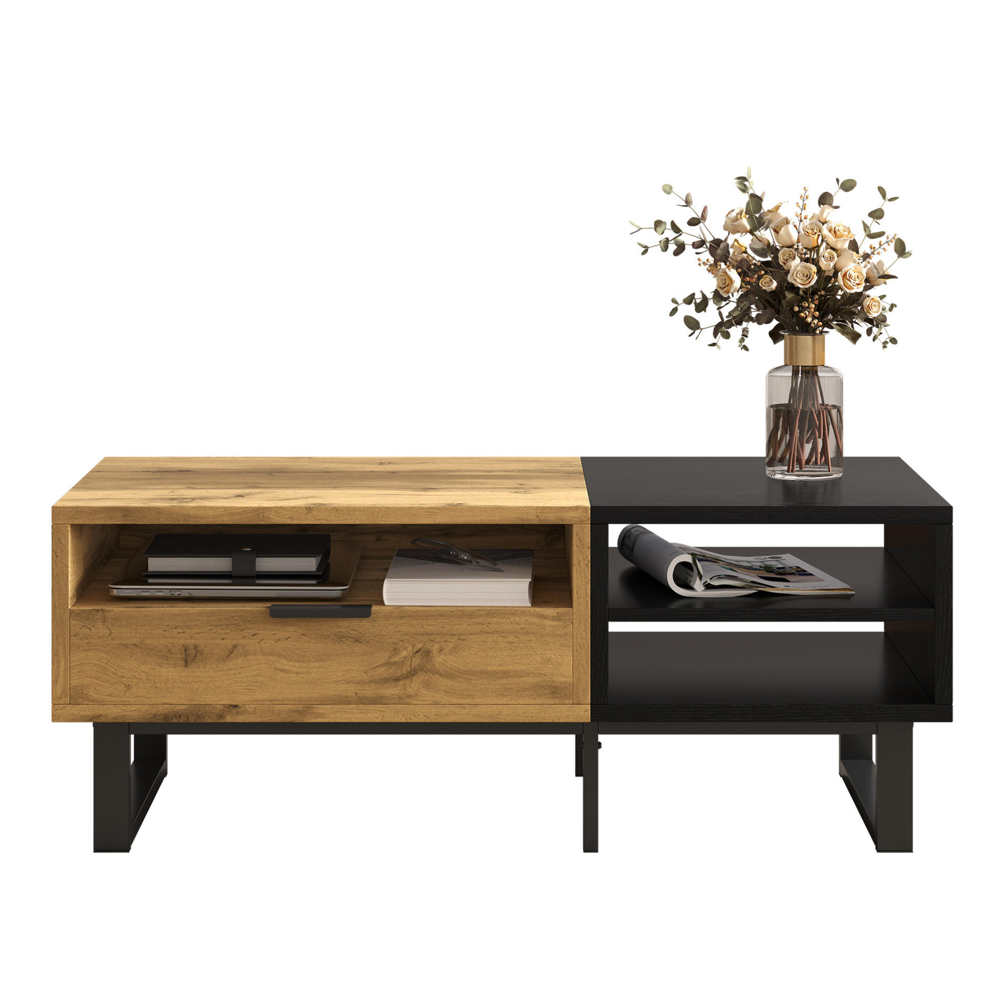 COUCHTISCH 100/50/40 cm mit Schublade und 3 offenen Fächern, Holzfarben/Schwarz - Naturfarben, Holzwerkstoff (100/50/40cm) - Redom