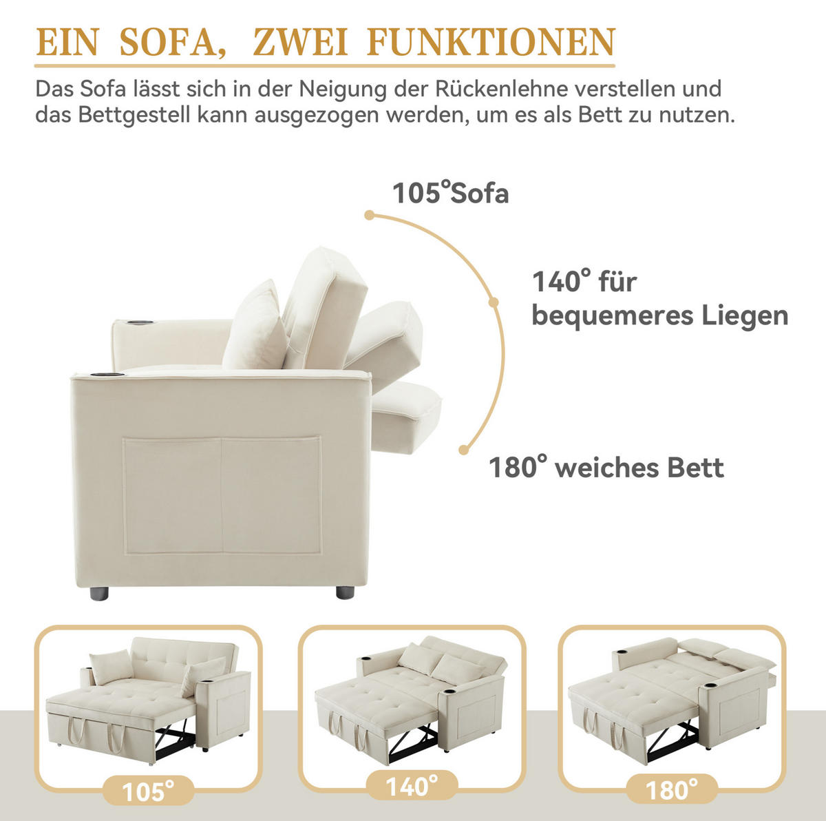 SCHLAFSOFA Samt mit 3-fach verstellbarer Rückenlehne und Getränkehalter Beige 137/76,5/83 cm - Beige, Textil (83/137/76.5cm) - Redom