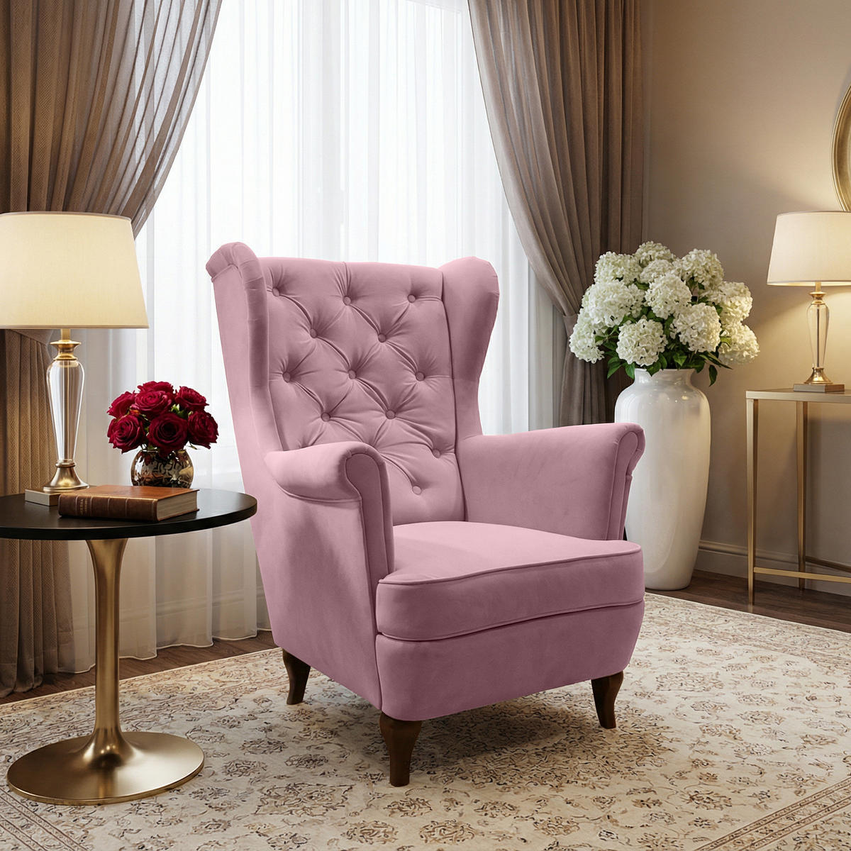 CHESTERFIELD-SESSEL Falco rosa mit Holzbeinen - Wengefarben/Rosa, Holz/Textil (82/102/92cm) - Beautysofa