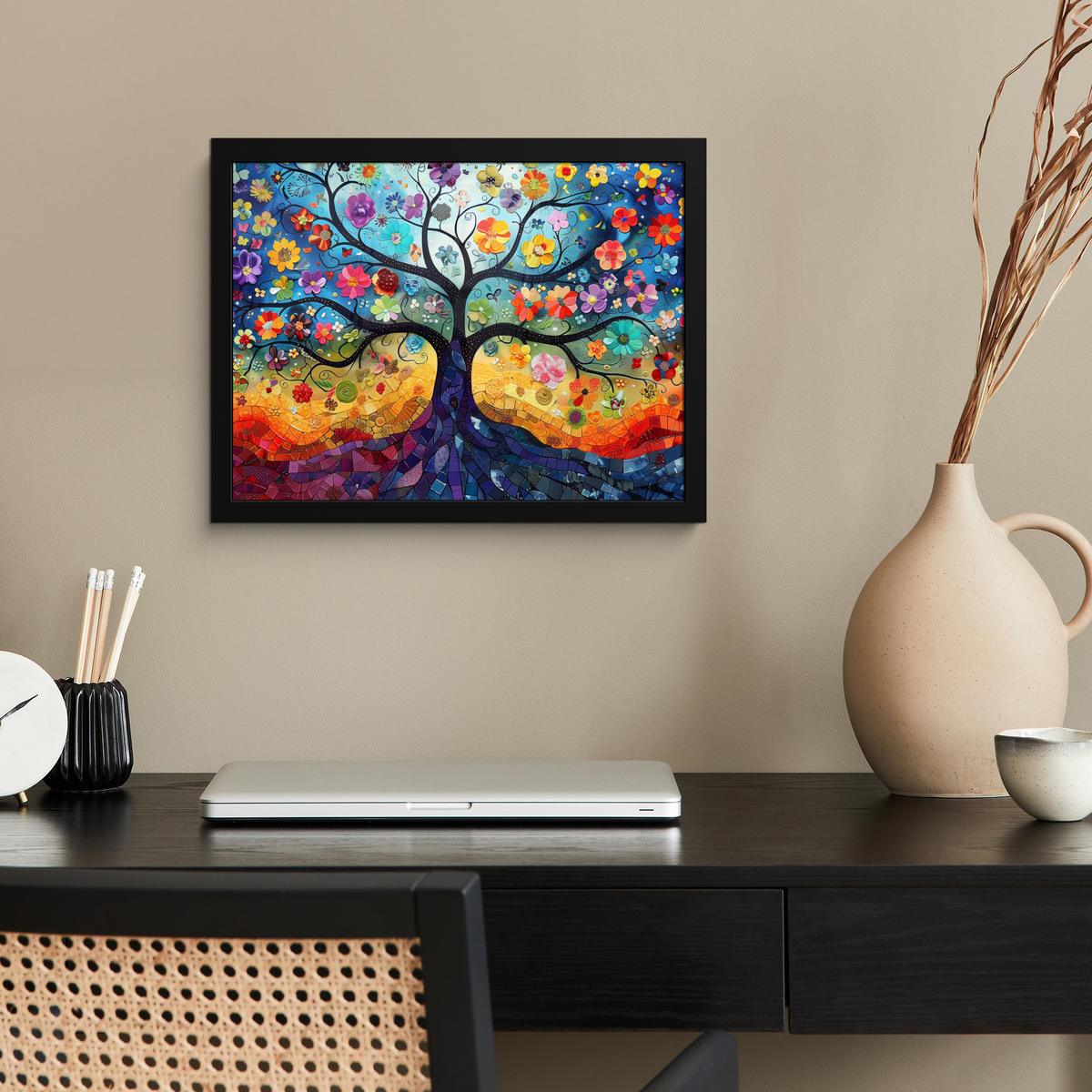 POSTER MIT RAHMEN Kunst - Baum des Lebens - Blumen - Hippie 40x30 cm - Dunkelblau, Papier (40/30cm) - MuchoWow