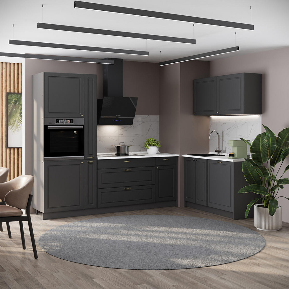 KUCHYNĚ Fame-Line, Anthrazit-Gold Landhaus/Antracit, 220 x 120 cm, PD Mramor - antracitová, kompozitní dřevo (220/206.8/60cm) - Vicco