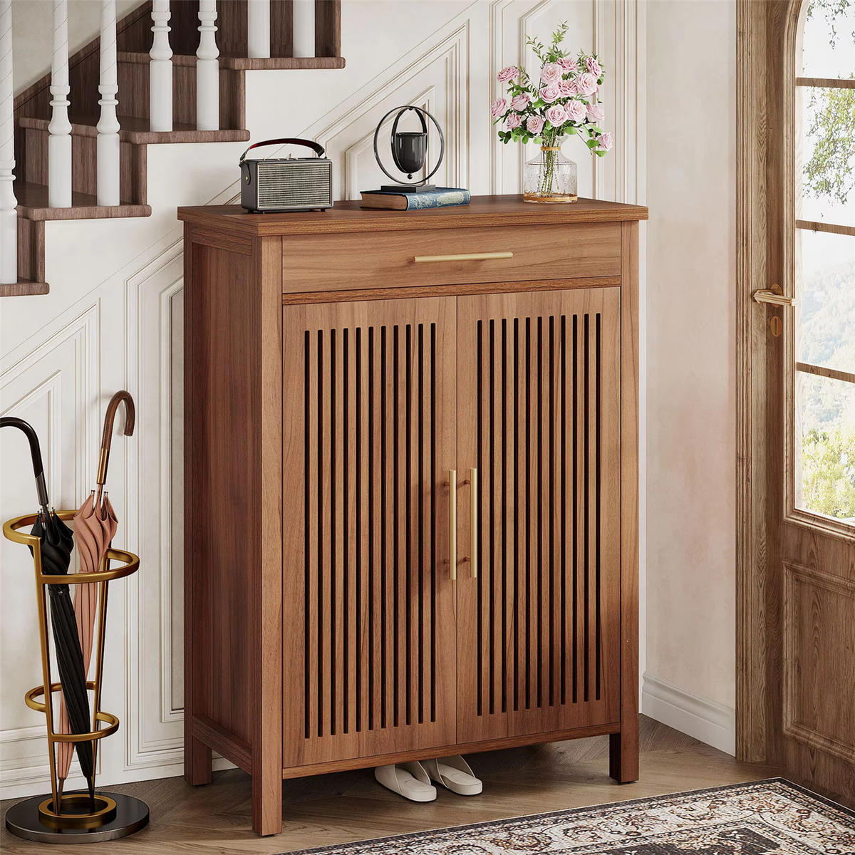 SCHUHSCHRANK mit Schublade & Lamellentüren - Braun, Holz (80/109/36cm) - Kaket