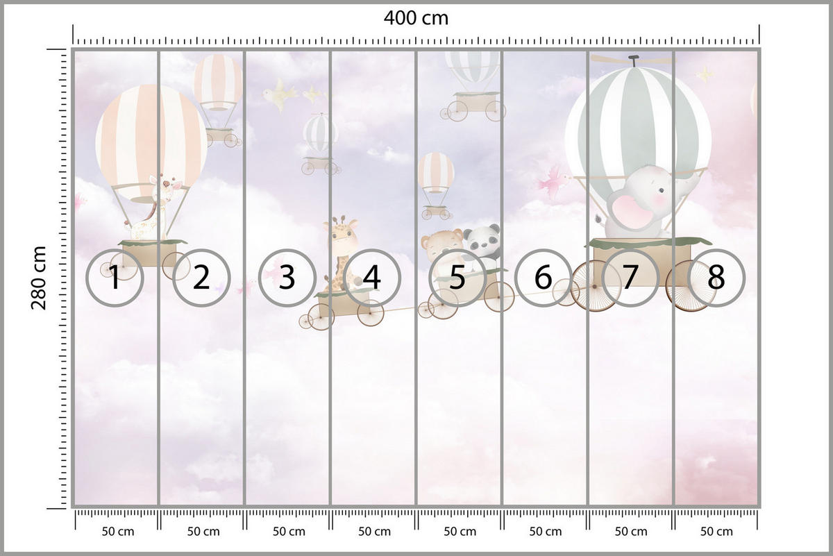 FOTOTAPETE für Kinderzimmer Tiere Wolken Luftballons 400x280 - Beige/Violett, Papier (400/280cm) - Muralo