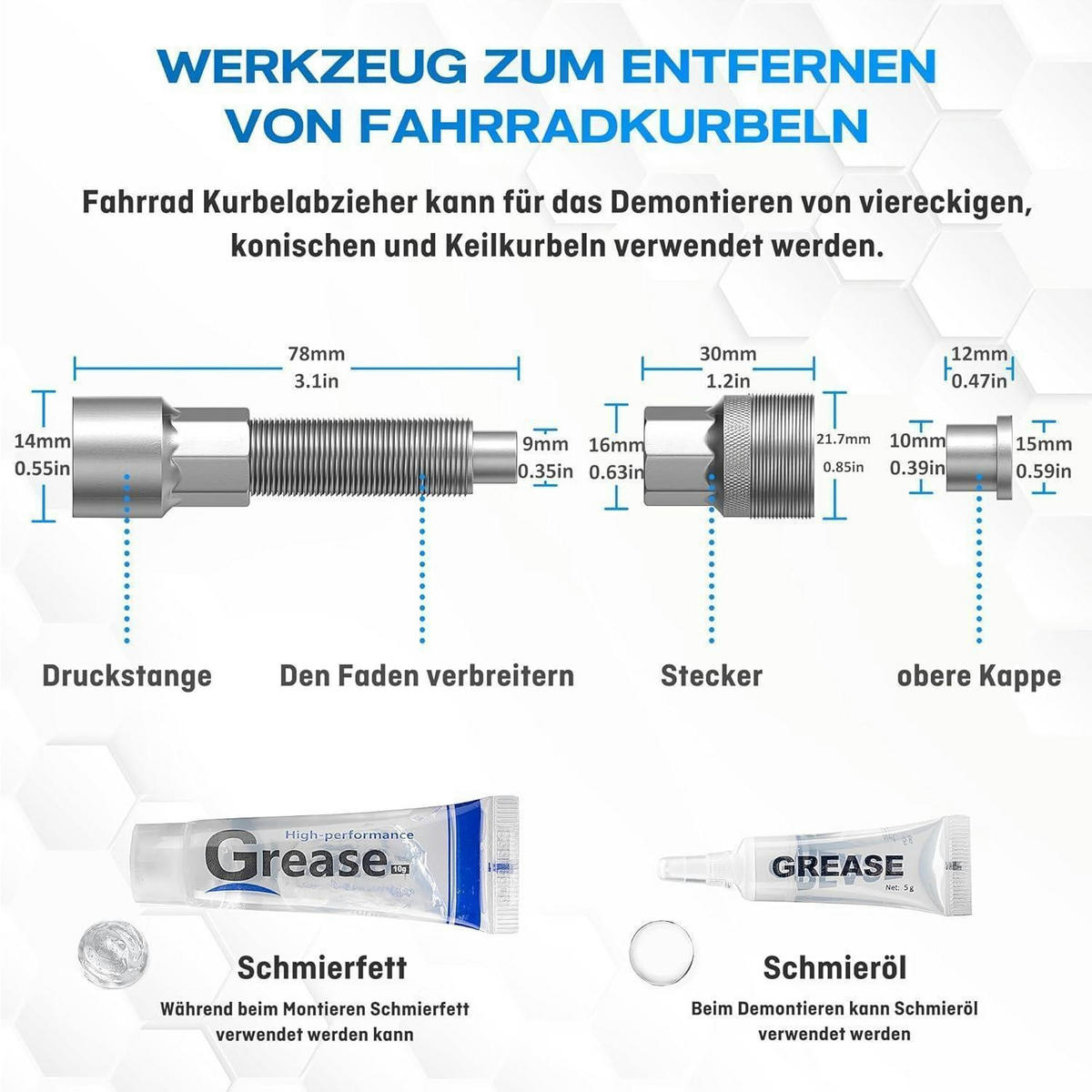 FAHRRAD Kurbelabzieher Set 14mm Universal Tretlager Werkzeug für E-Bikes und Fahrräder - Silberfarben, Metall (2/2/7.8cm)