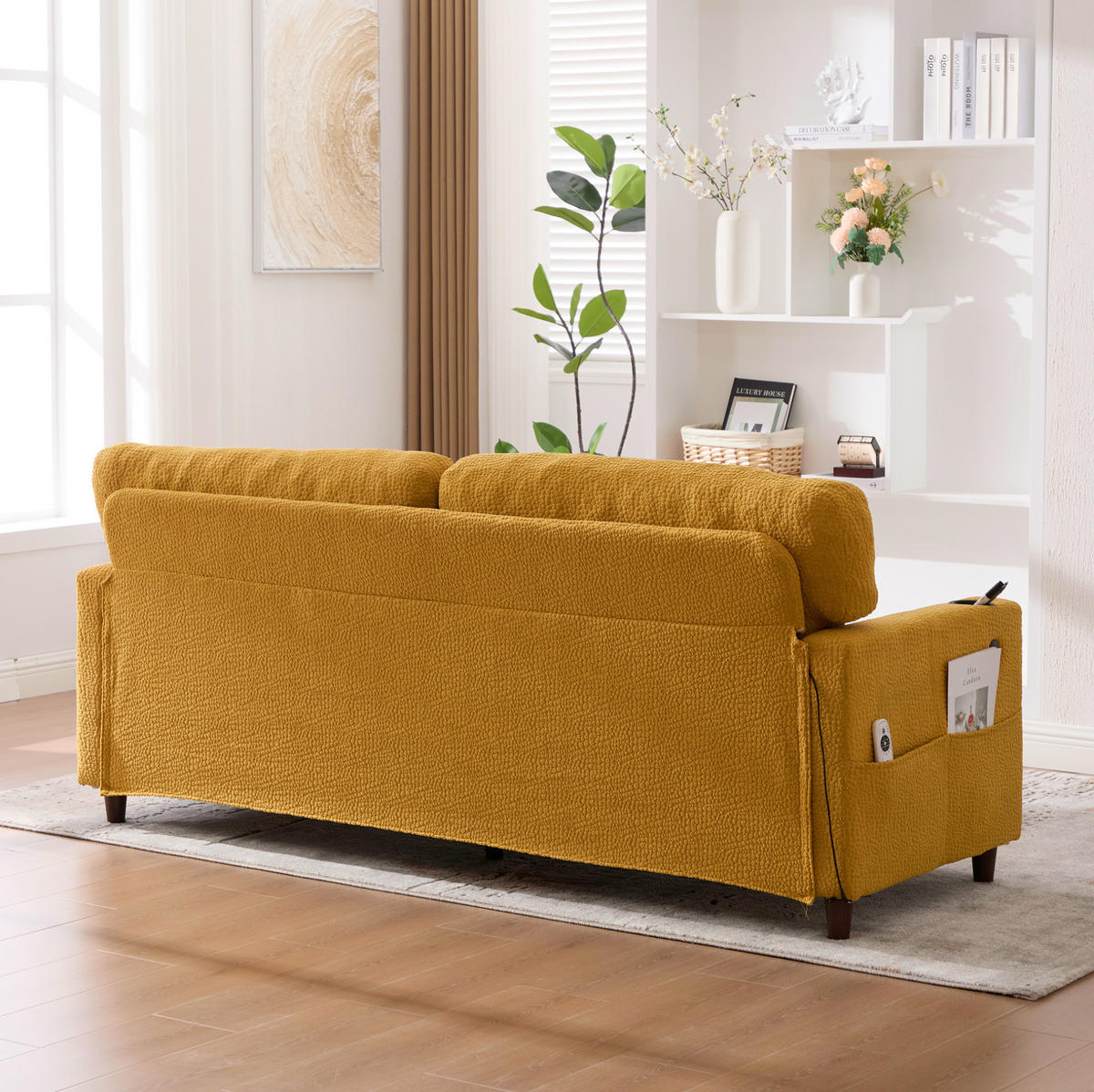 POHOVKA 2-miestna, 203/77,5/86 cm, chenille horčicovožltá, s USB-C, LED a držiakmi nápojov - žltá, textil (77.5/86/203cm) - BEAOK