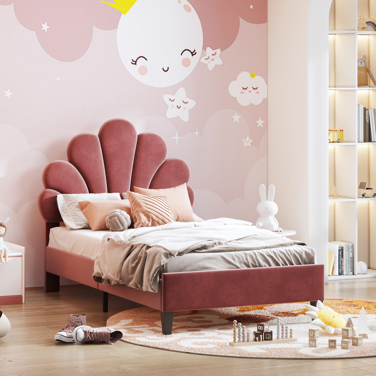 KINDEREINZELBETTEN aus Samtstoff 90x200 cm in Bohnenrot mit Lattenrost - Dunkelrosa, Textil (90/200cm) - Modfu
