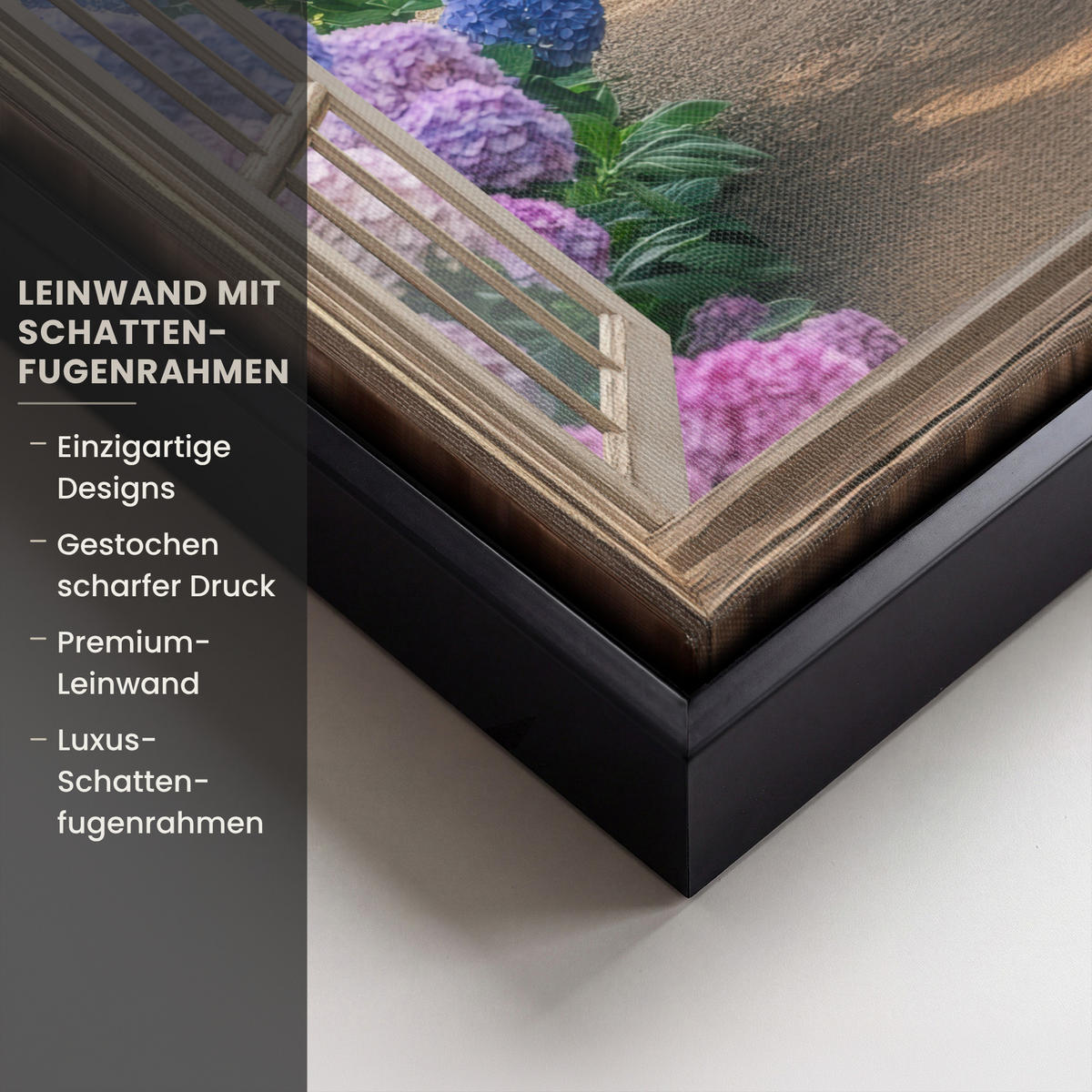 LEINWAND Bilder mit Rahmen - Aussicht - Garten - Fenster - Hortensie - Blumen - 20x30 - Pastellblau, Textil (20/30cm) - MuchoWow