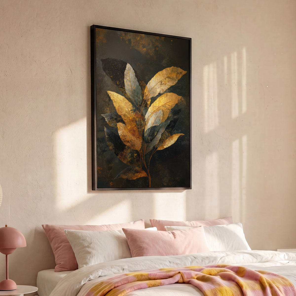 LEINWAND Bilder mit Rahmen - Golden Leaf Komposition - Botanical Luxury - 90x140 - Goldfarben, Textil (90/140cm) - MuchoWow