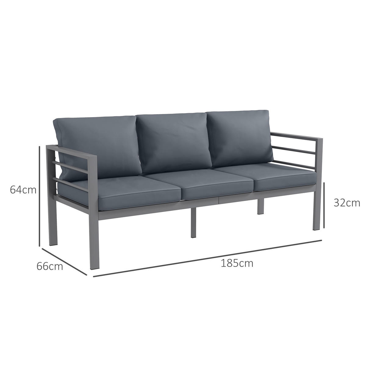 LOUNGESOFA DE-18095 3 Sitzer, abnehmbare Kissen Grau - Grau, Metall (66/64/185cm) - ComfortXL