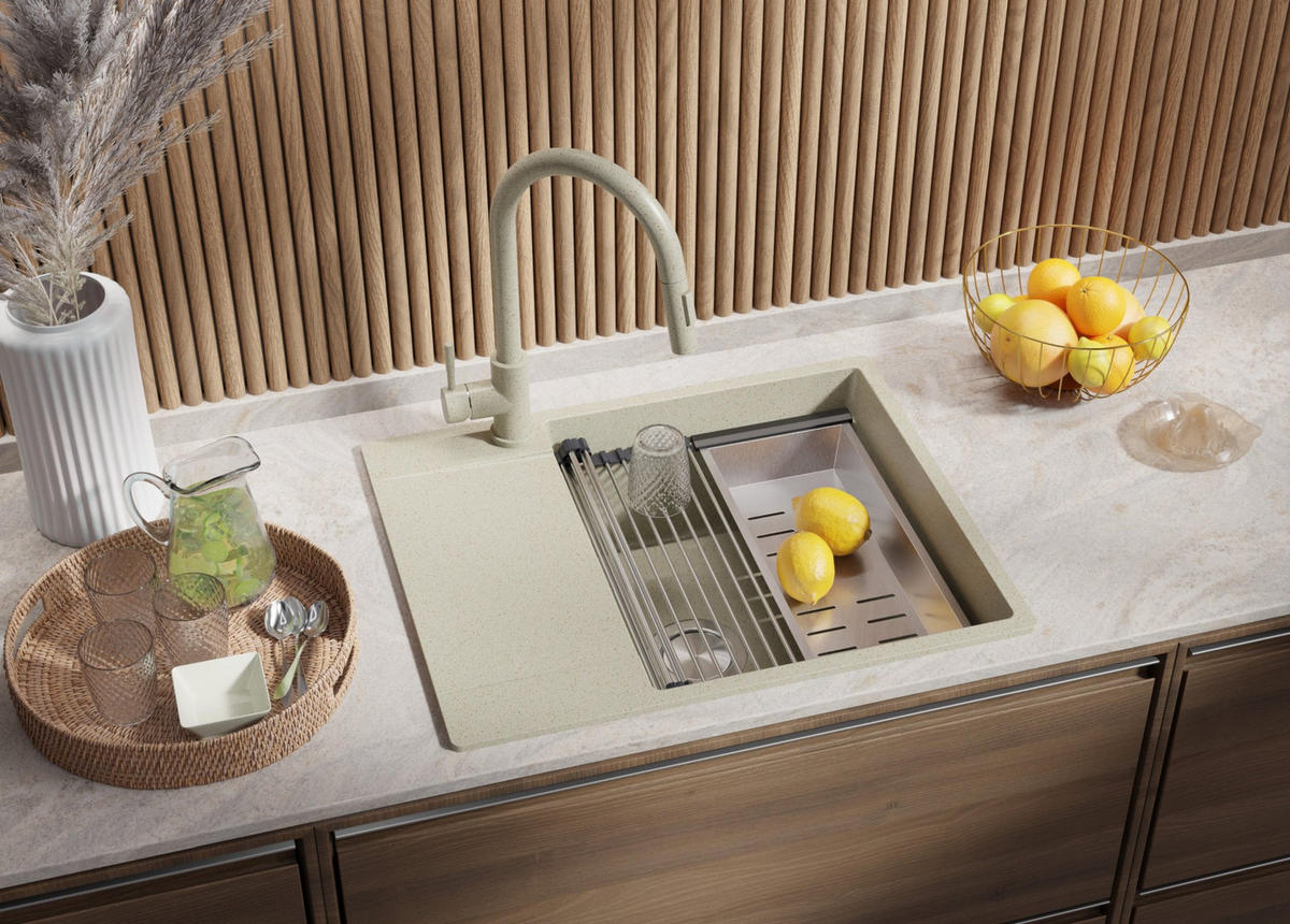 GRANITSPÜLE San Francisco, 2-er set Beige 62/50 cm 1 Becken + Küchenarmatur 38/14 cm + Ablauf-Set + Aufrollbare Abtropffläche ab 50er Unterschrank - Chromfarben/Beige, Kunststoff (62/20/50cm) - Primagran