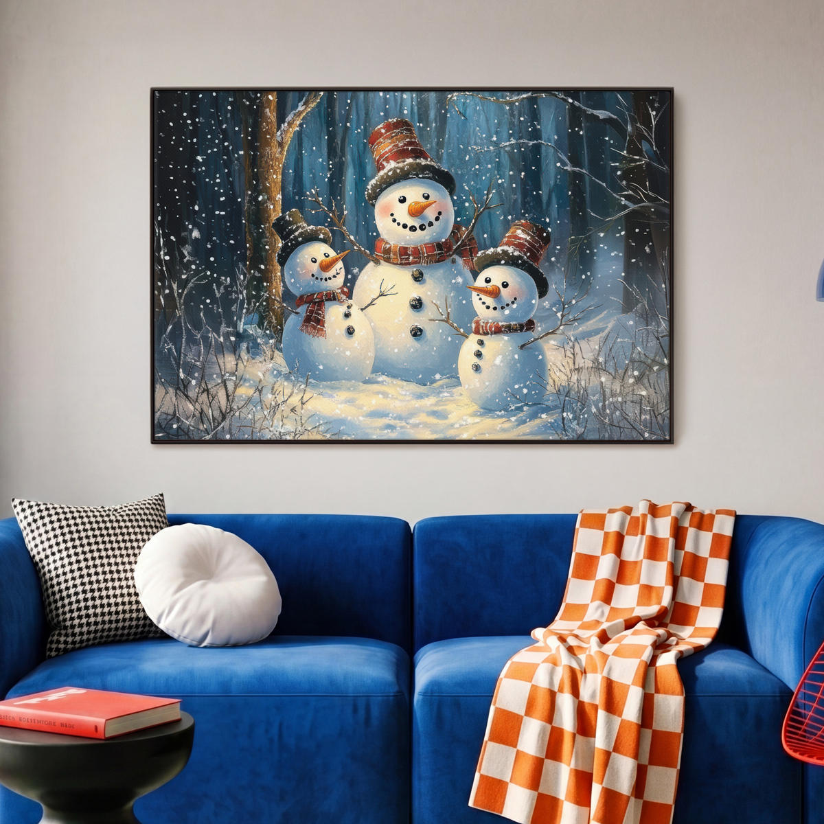 LEINWAND Bilder mit Rahmen - Schneemann - Schnee - Winter - Wald - 90x60 - Hellblau, Textil (90/60cm) - MuchoWow