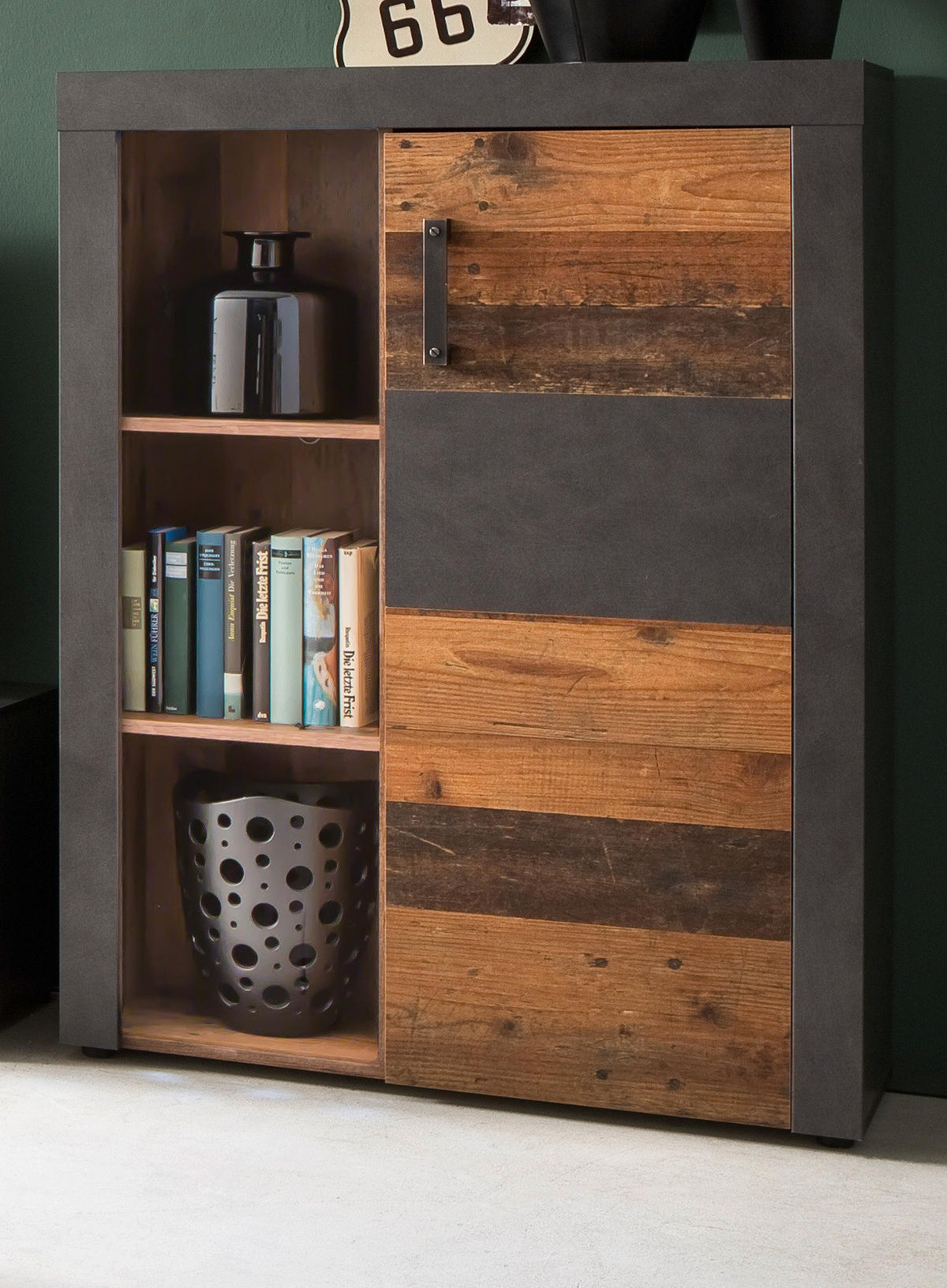 HIGHBOARD Used Wood Altholz Design mit Grau, Vitrine mit LED Beleuchtung - Silberfarben/Schwarz, Glas/Holzwerkstoff (87/118/34cm) - Top.Furn