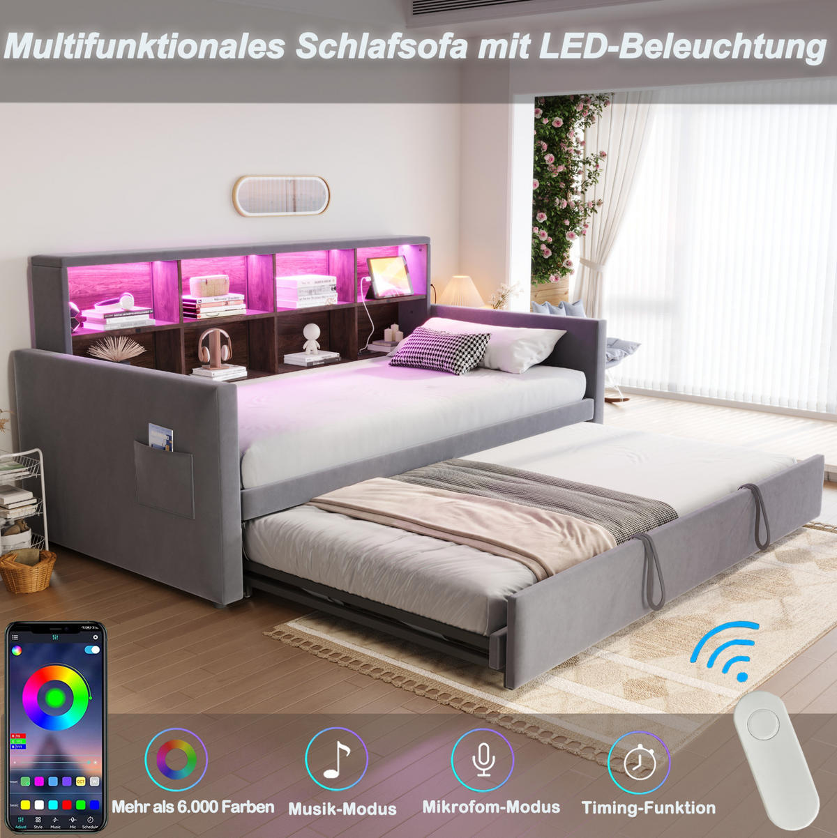 ČALÚNENÁ posteľ 90/190 cm s výsuvným lôžkom, LED osvetlením, úložným čelom a nabíjacími portami, Sivá - tmavosivá, textil (90/190cm) - Redom