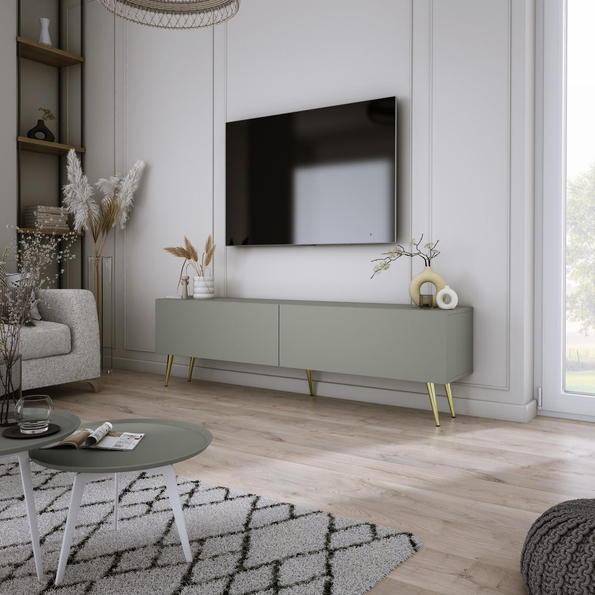 TV-SCHRANK : Aloe, 140 x 52 x 32 cm, Goldene Beine - Goldfarben/Grün, Holzwerkstoff/Metall (140/52/32cm) - 3XE LIVING