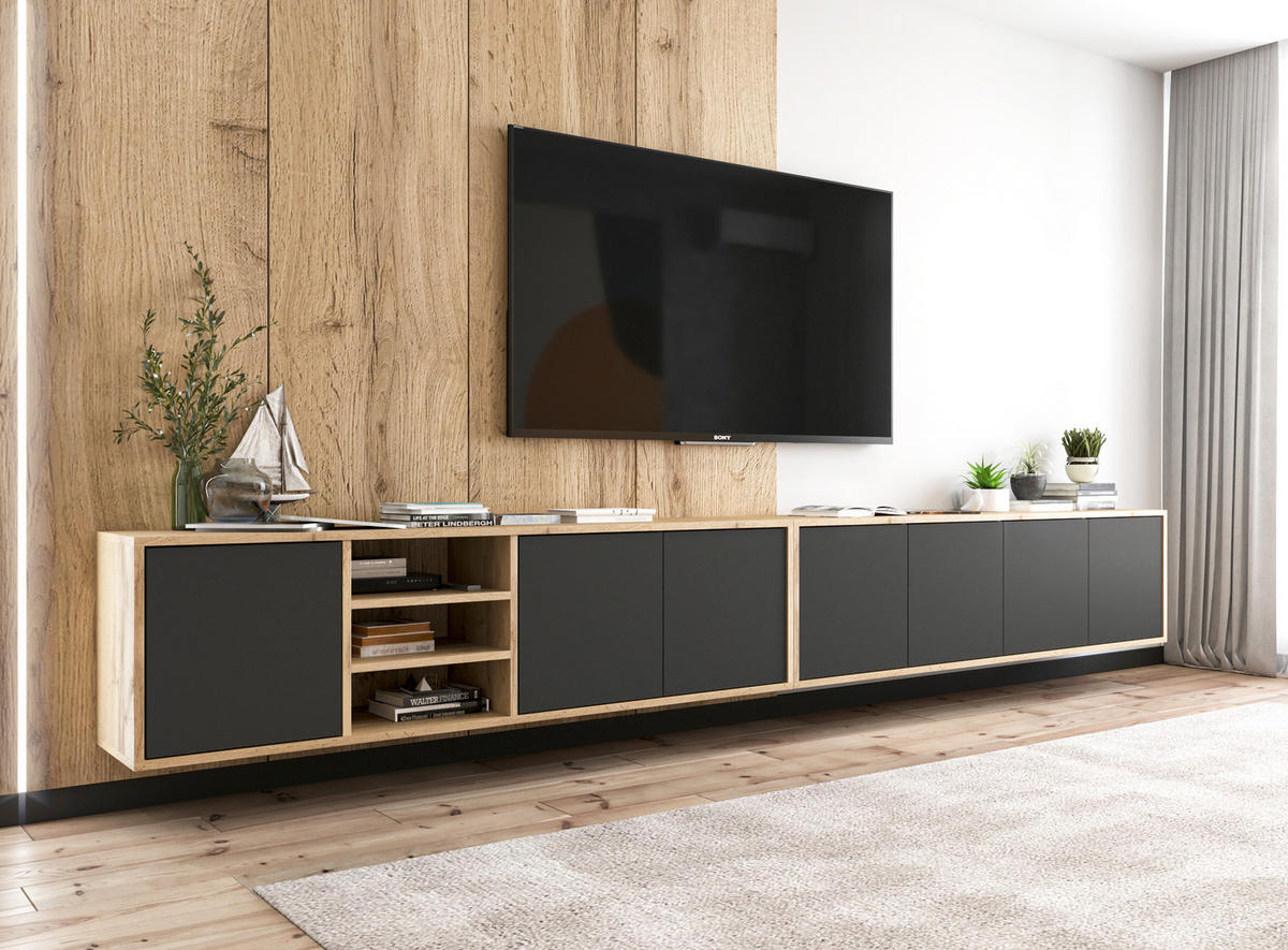 TV-SCHRANK Apollo2 Eiche wotan Schwarz Matt 150 cm - Schwarz, Holzwerkstoff (150/39/35cm) - Meble Lindner