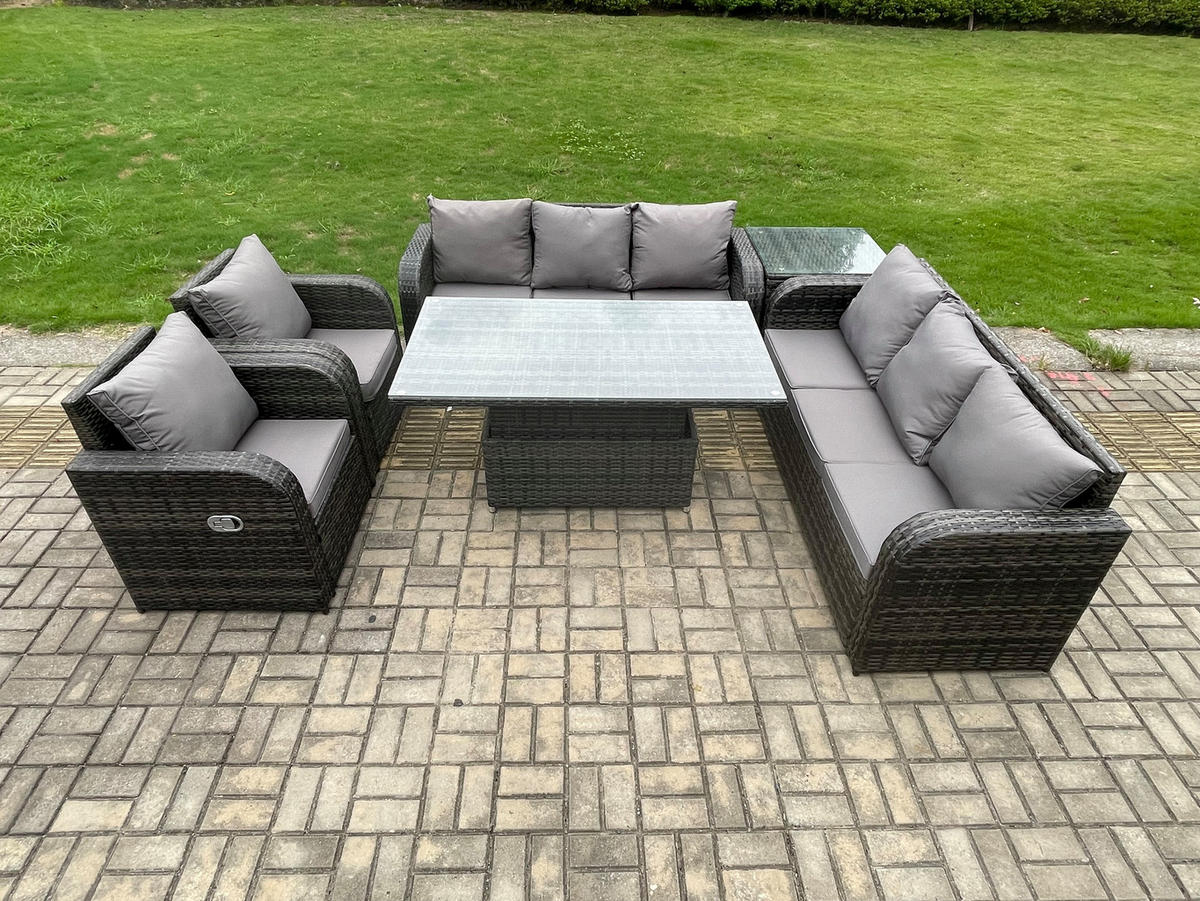 GARTENSET Polyrattan 8-Sitzer - Dunkelgrau/Grau, Glas/Kunststoff - Fimous