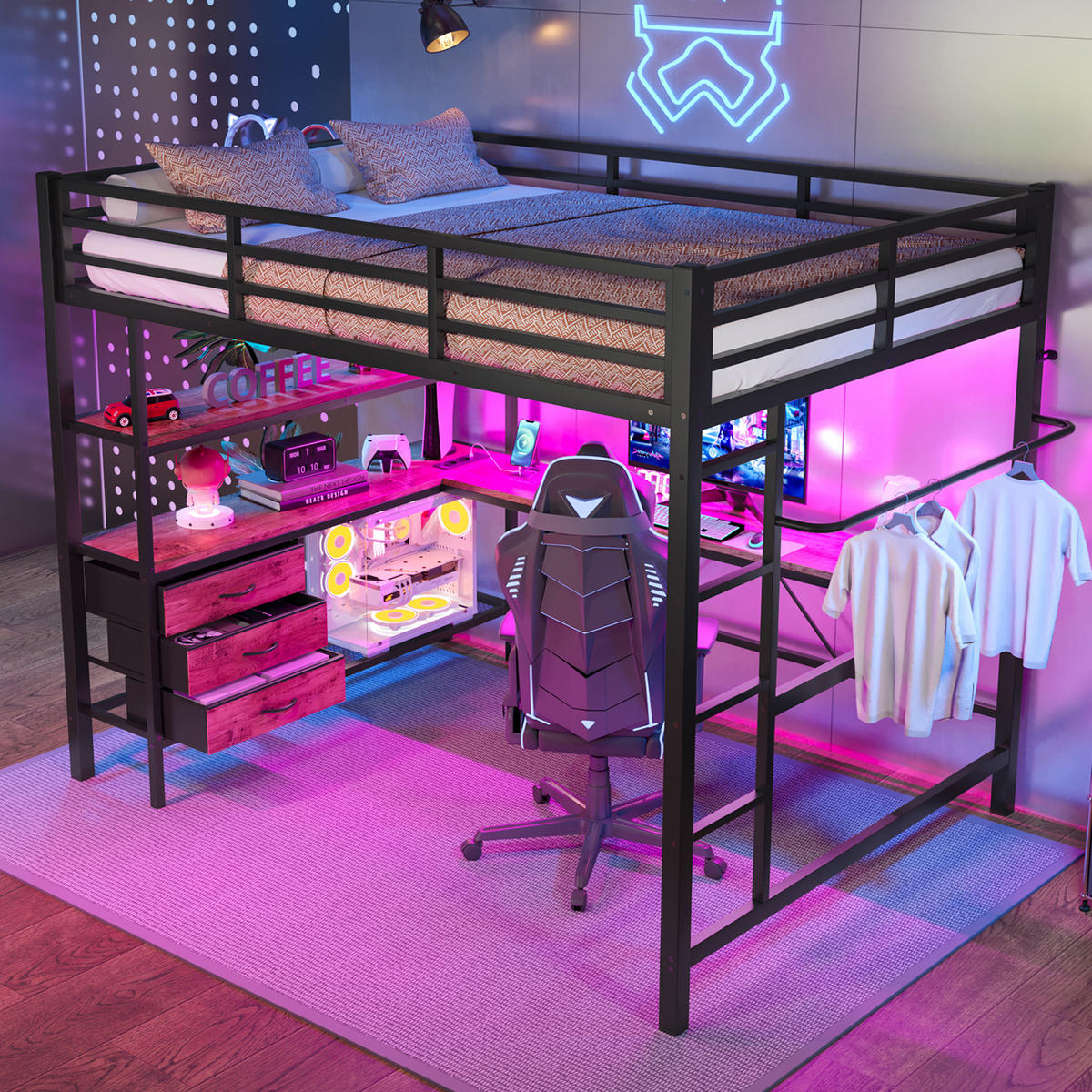 HOCHBETT 140x200cm Schwarz LED-Licht Schreibtisch USB 3 Schubladen - Schwarz, Metall (140/200cm) - FLIEKS