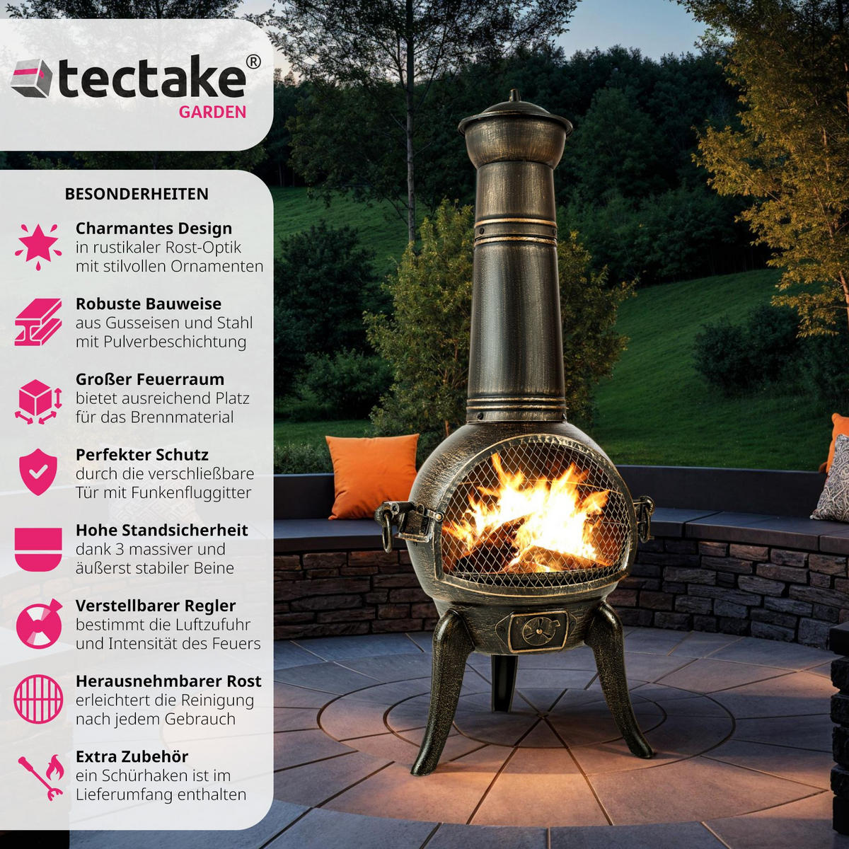 TERRASSENOFEN ,inklusive Schürhaken,grau - Grau, Metall (52/115/44cm) - tectake