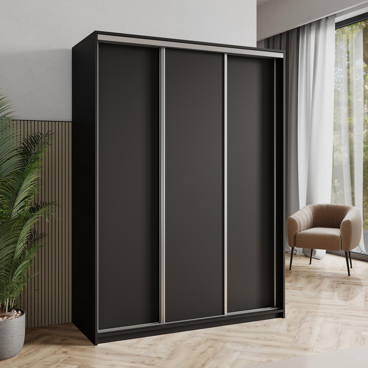 SCHWEBETÜRENSCHRANK NISSE 150/205/60 cm 3-türig Schwarz - Schwarz, Holzwerkstoff (150/205/60cm) - MASSENO