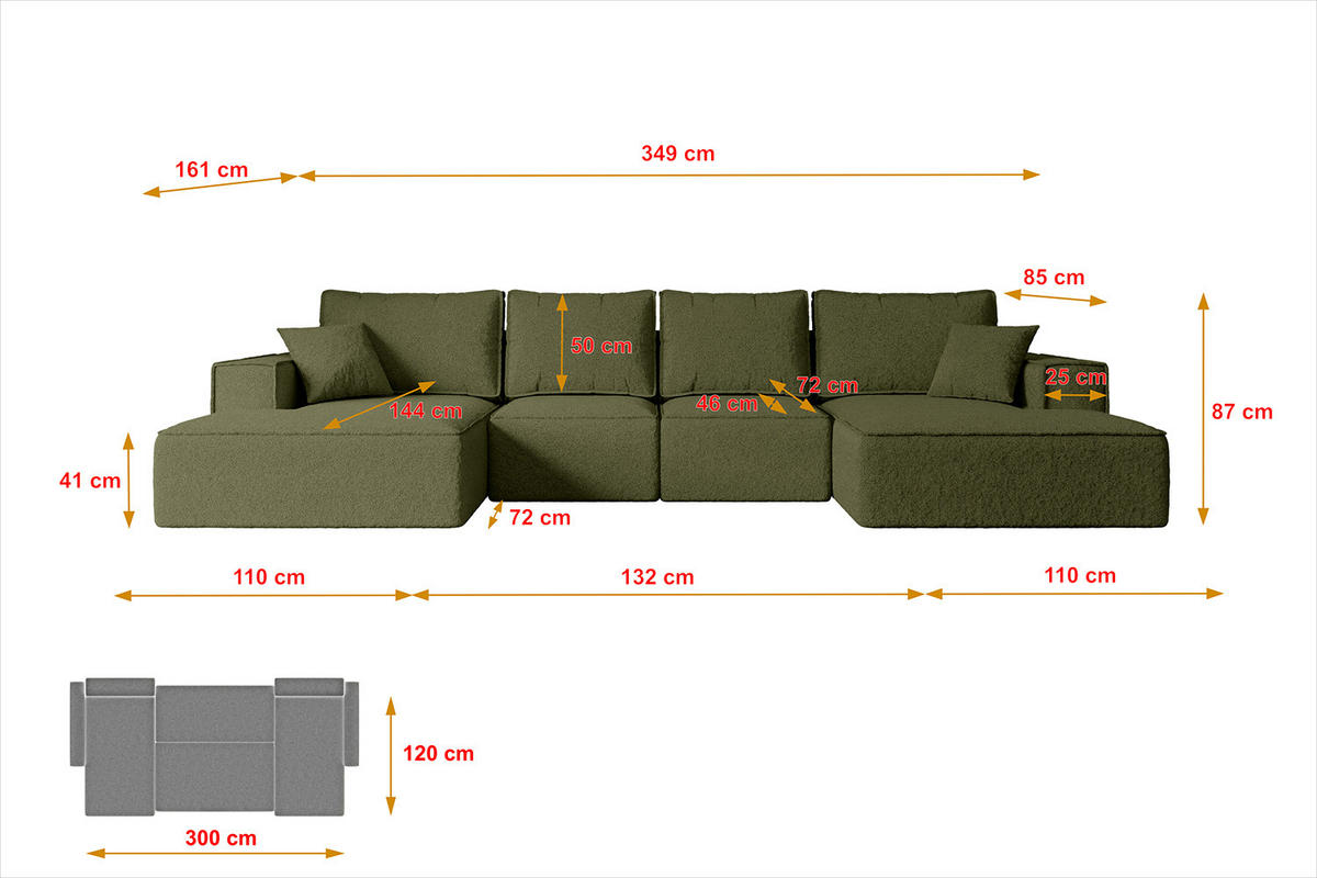 WOHNLANDSCHAFT mit Schlaffunktion und Bettkasten SIERRA-U-S - 349x161x87 cm Grün Bouclé - Schwarz/Grün, Holzwerkstoff/Kunststoff (349/87/161cm) - ALTDECOR
