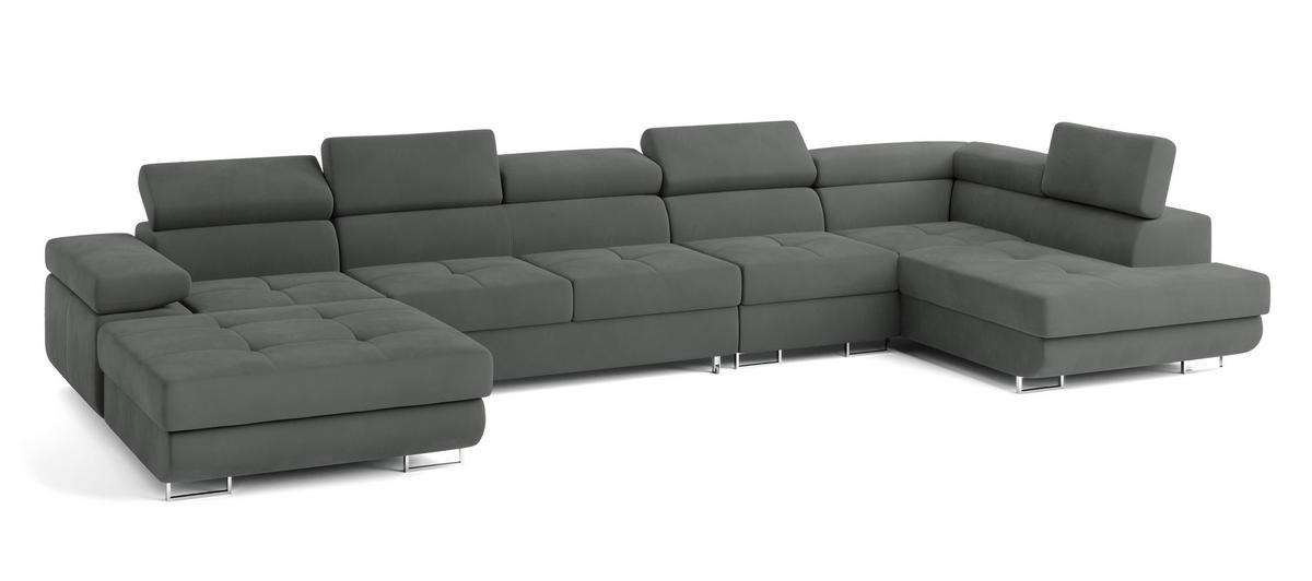 WOHNLANDSCHAFT VELORA R-S Grau Velours-Stoff mit Schlaffunktion - Grau, Holz (419/90/202cm) - MASSENO