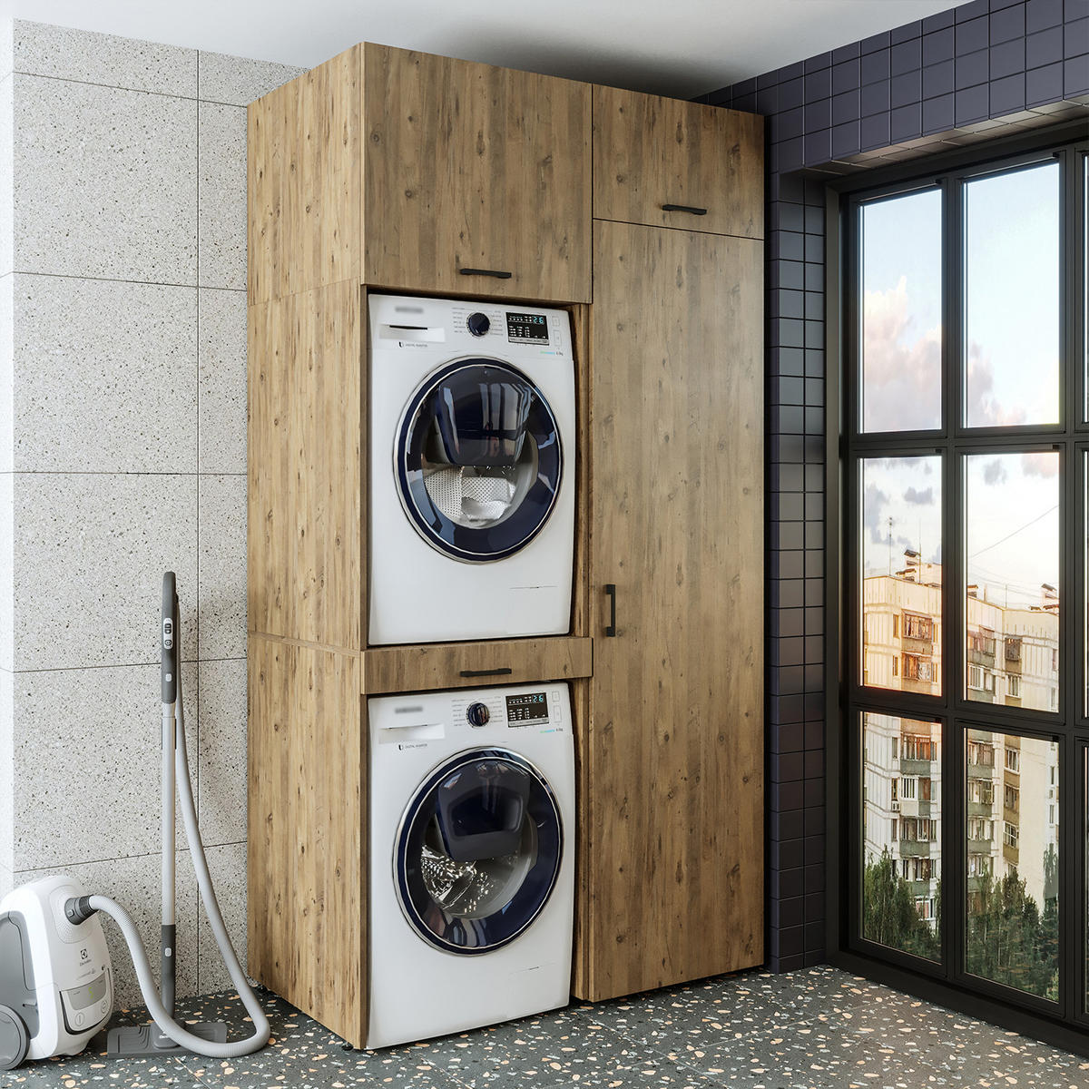 WASCHMASCHINENSCHRANK DUO-I 127cm Breit, 240cm Hoch - Eichefarben, Holzwerkstoff (127/240/67cm)