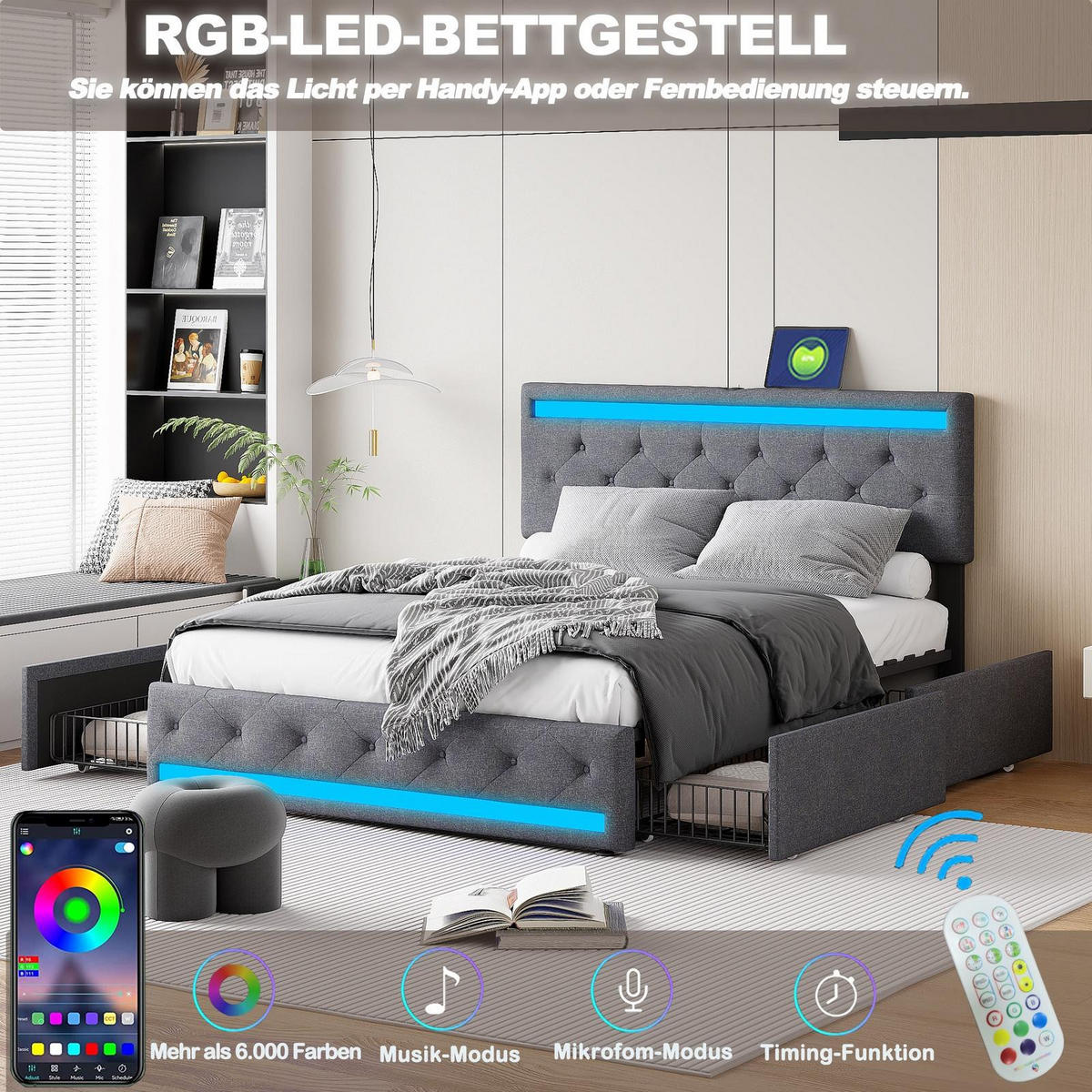 POLSTERBETT 140x200cm Doppelbett RGB-LED-Lichtleisten USB-Anschluss 4 Schubladen Leinen Dunkelgrau - Grau, Textil (140/200cm) - DELFA