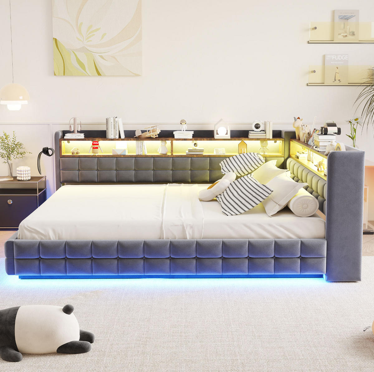 POLSTERBETT 140/200 cm in Grau mit LED-Beleuchtung, Stauraum und USB-C-Anschlüssen - Grau, Textil (140/200cm) - Flora Grace