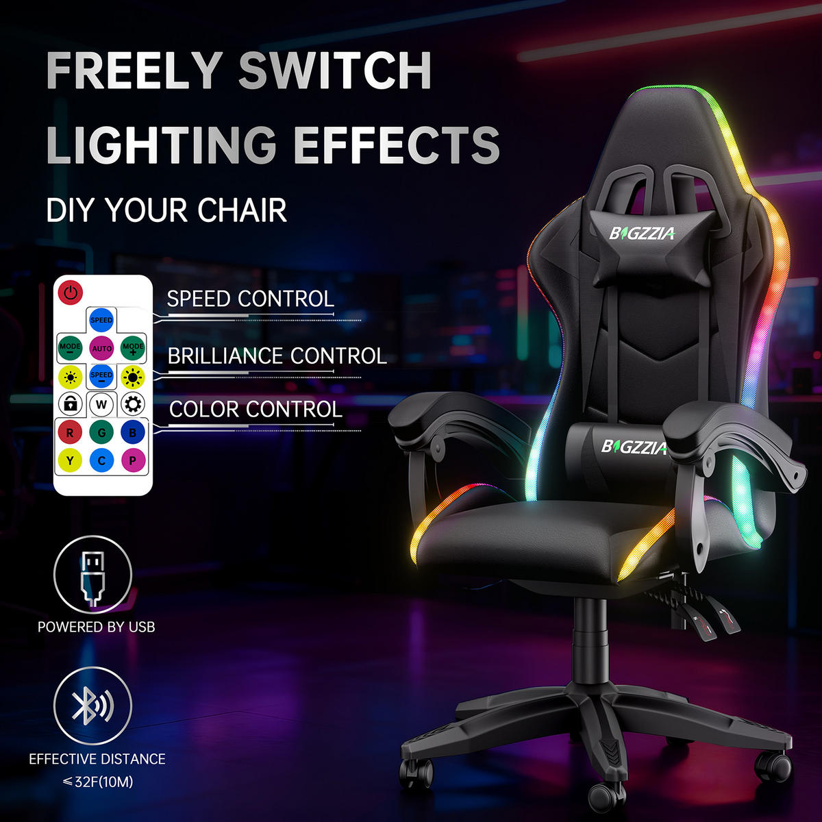 GAMINGSTUHL Schwarz,mit Led,Leder, Metall - Schwarz, Leder (29/59/79cm) - Rattrix